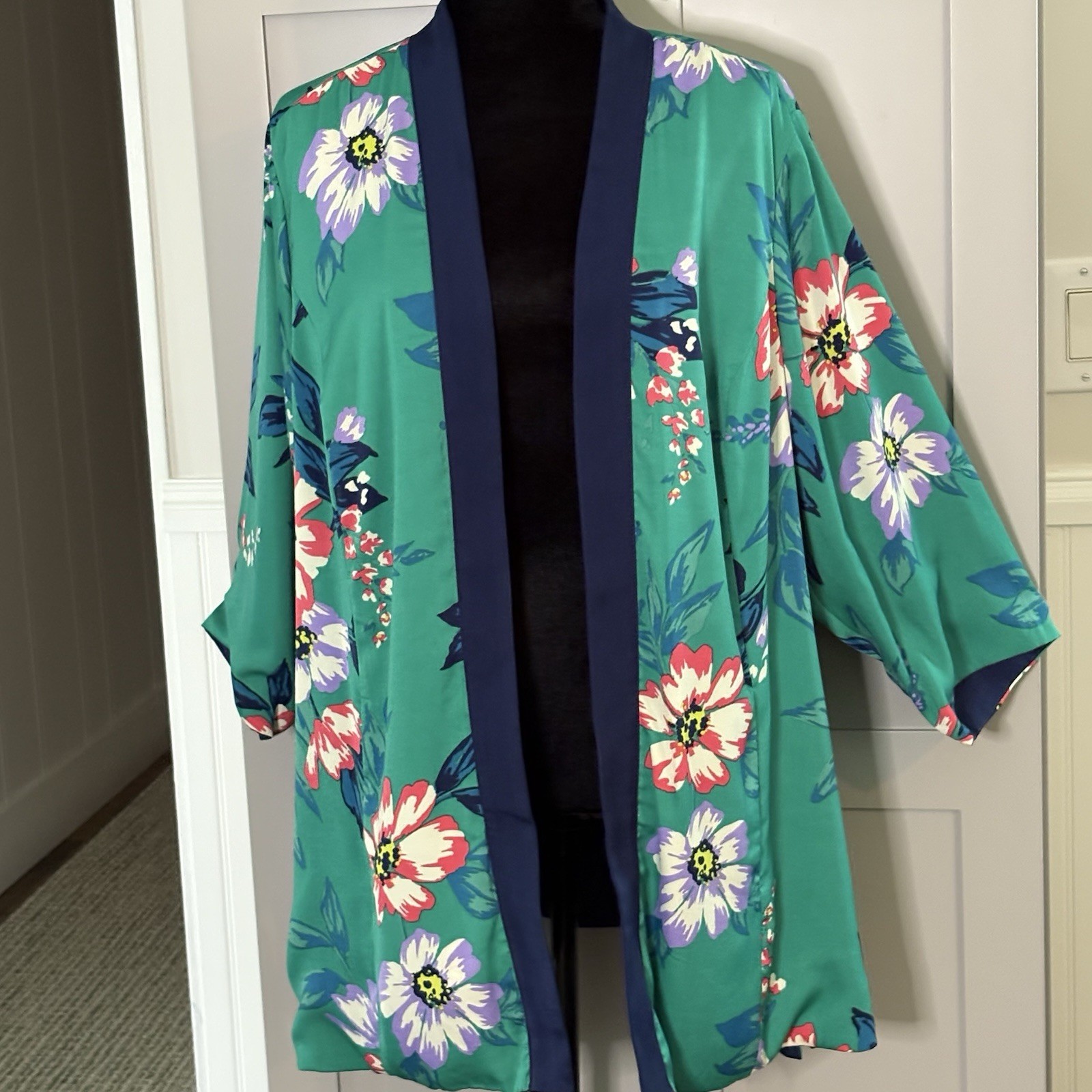 IMAN Global Chic Floral Kimono Top 1X Green Open Front Tropical Pockets Lined