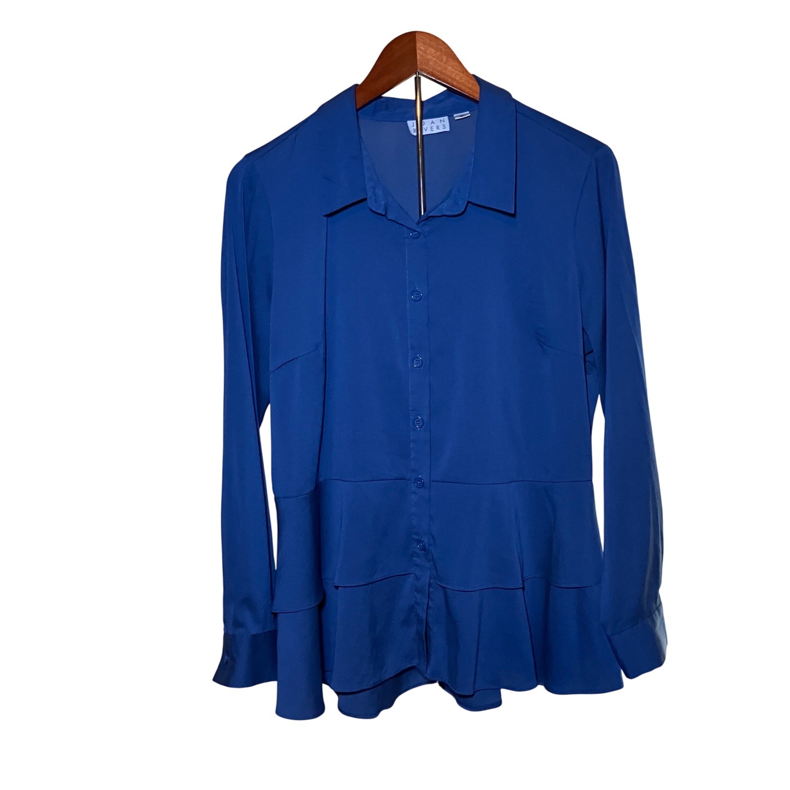 Joan Rivers Blouse Womens 10 Royal Blue Classic Tiered Ruffle Hem Button Front