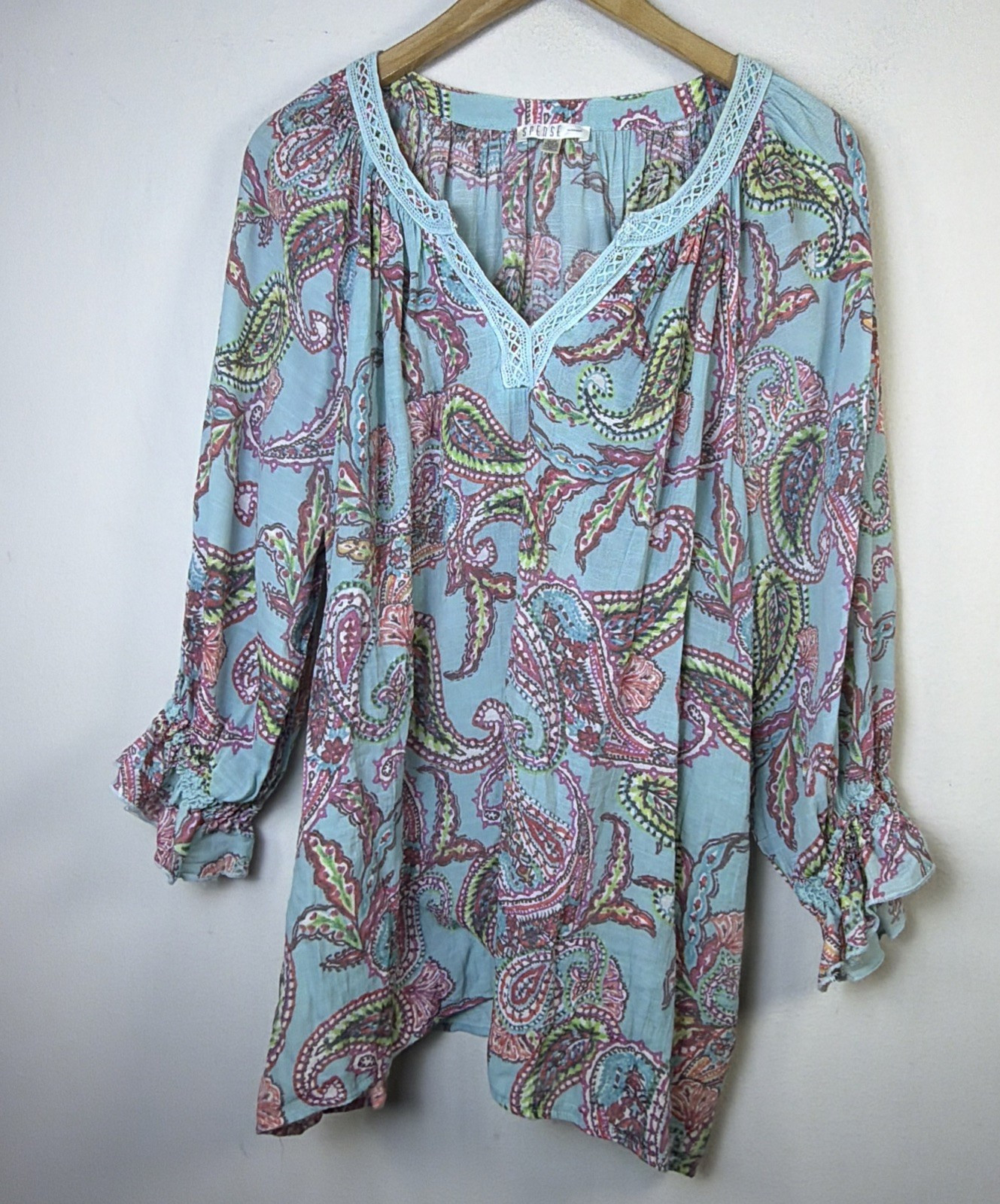 Spense Women’s 1X blue Paisley Ruffle Blouse Top bohemian western victorian