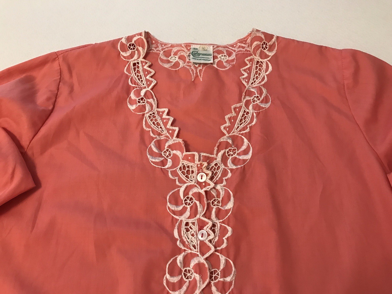 Caro Of Honolulu Womens Sz 10 Medium Embroidered Button Up Tunic Top Boho Orange