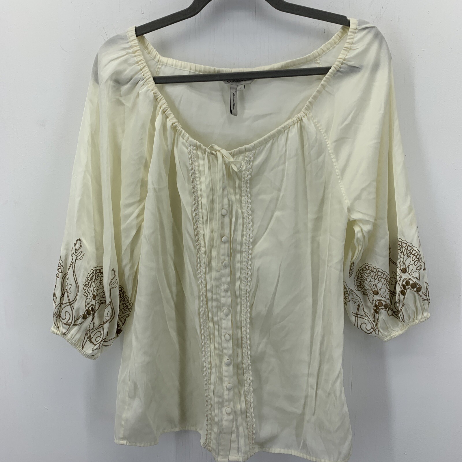 BCBGeneration Womens Medium Blouse Button Up Peasant Lace Embroidery Scoop Neck
