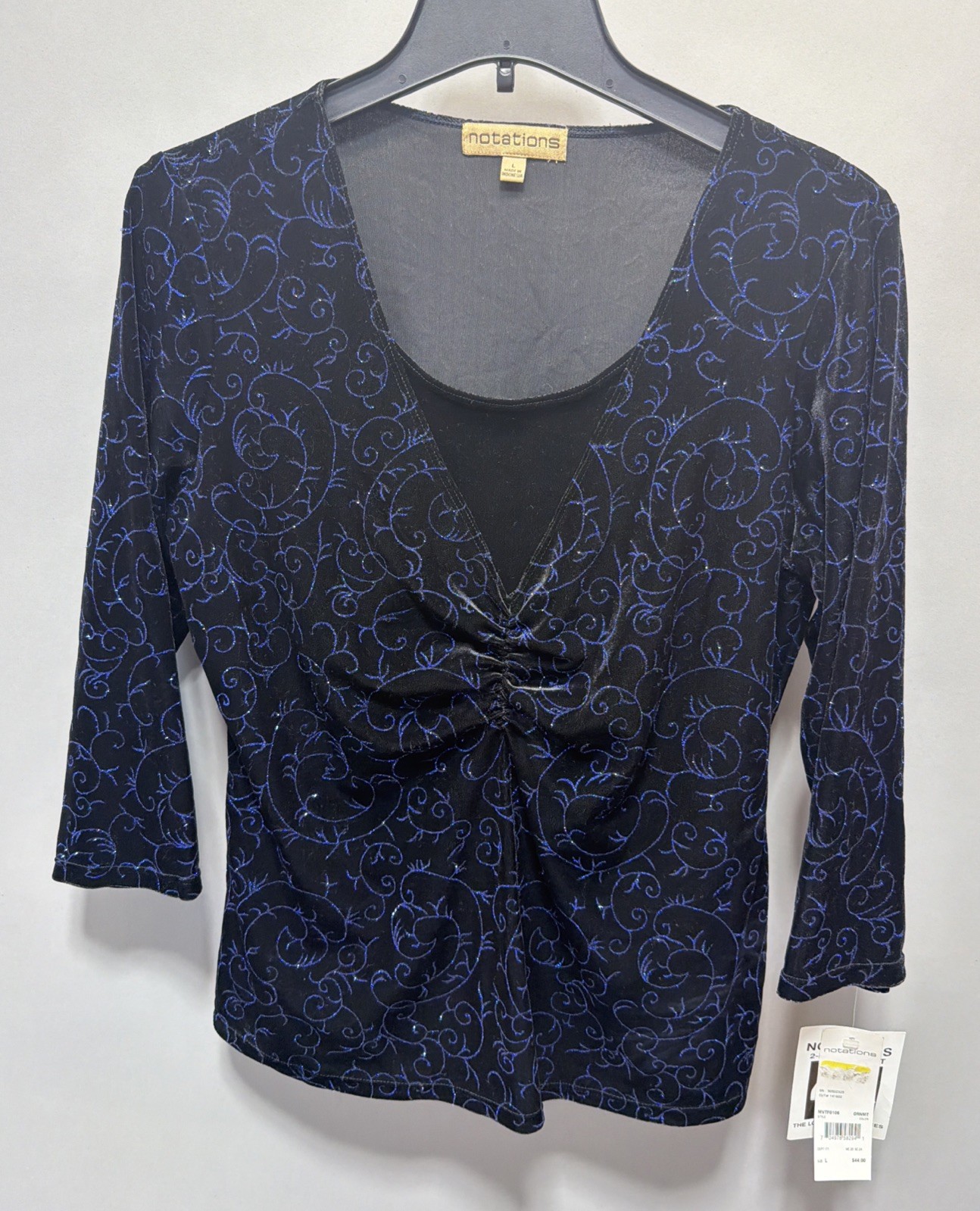 NOTATIONS VELVET TOP WOMEN’S BLACK BLUE GLITTER INNER FAUX TANK Size L