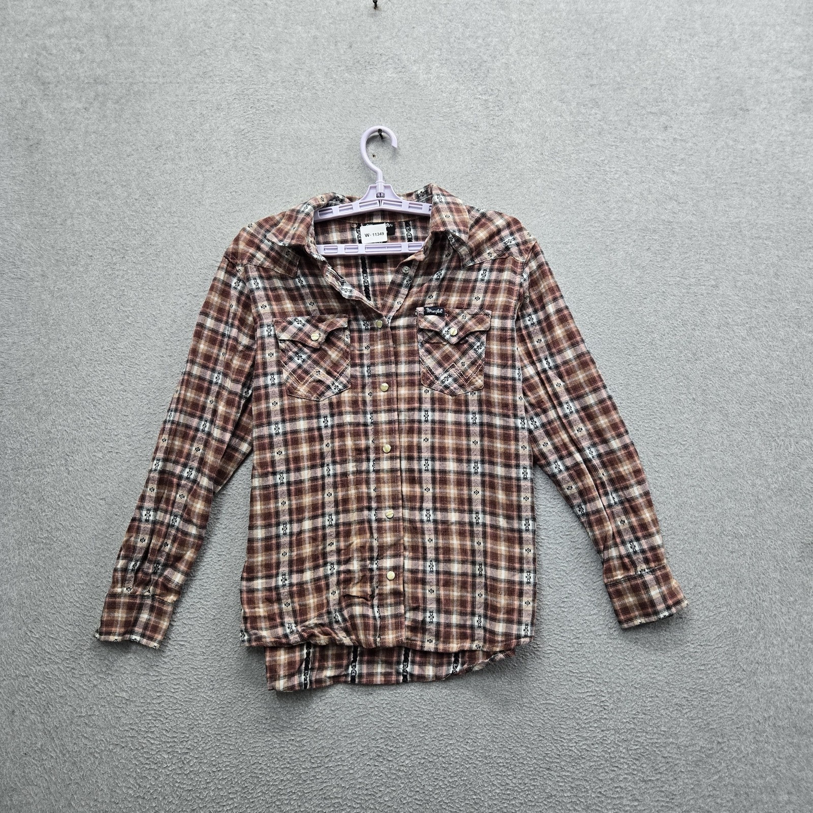 Wrangler Women Button Up Shirt S/CH/P Brown Plaid Flannel Western Retro
