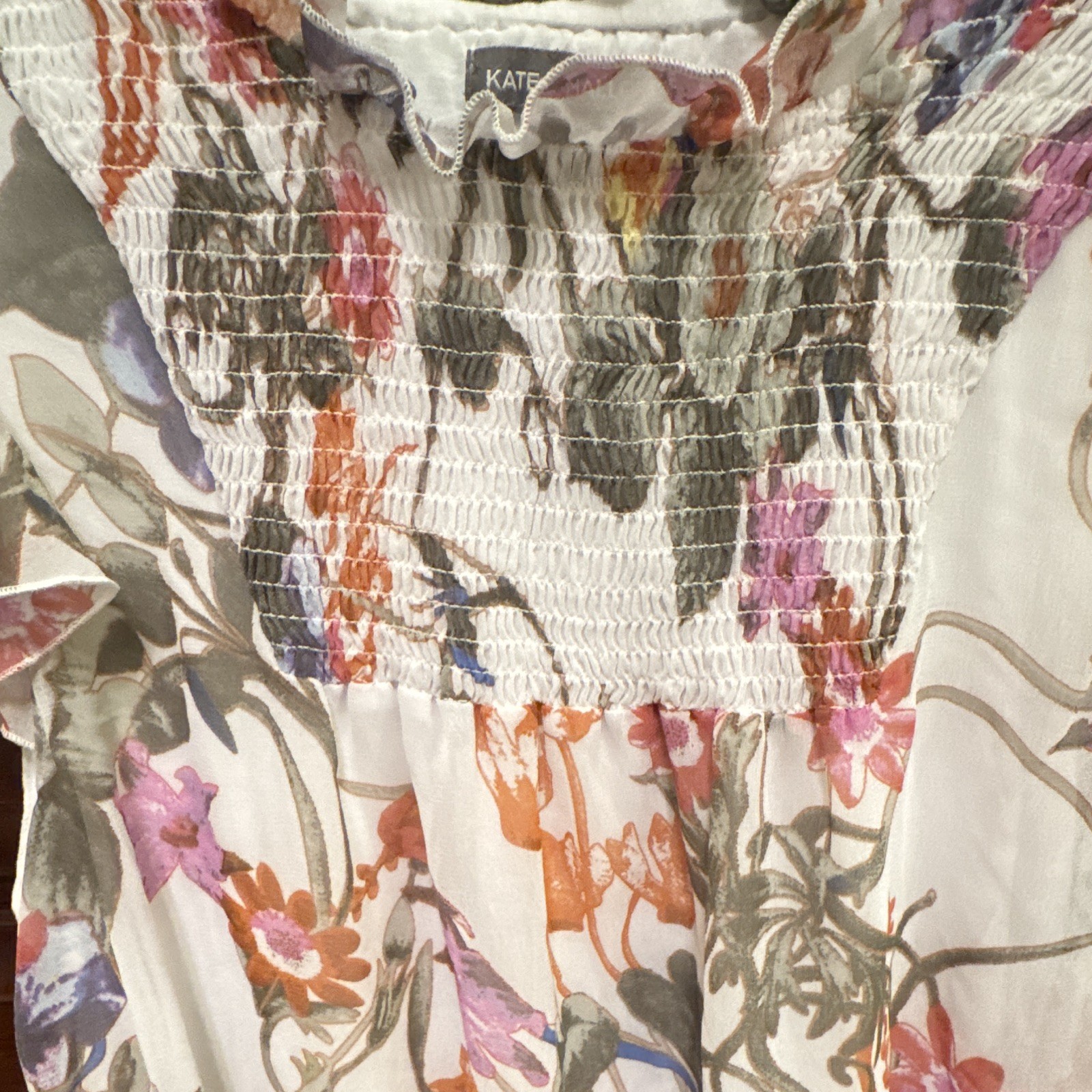 Kate & Mallory Womens L Ivory Multicolor Floral Round Neck Flutter Sleeve Blouse
