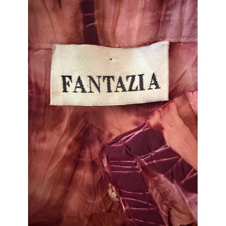 Fantazia Silk Polyester Tie Dye Pleated Button Up Long Sleeve Shirt Top Womens M