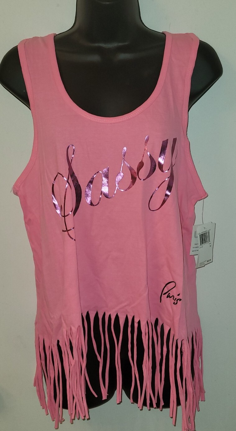 US Apparel Women’s Tank Top Pink “Sassy” “Paris” With Fringe Size Medium NWT
