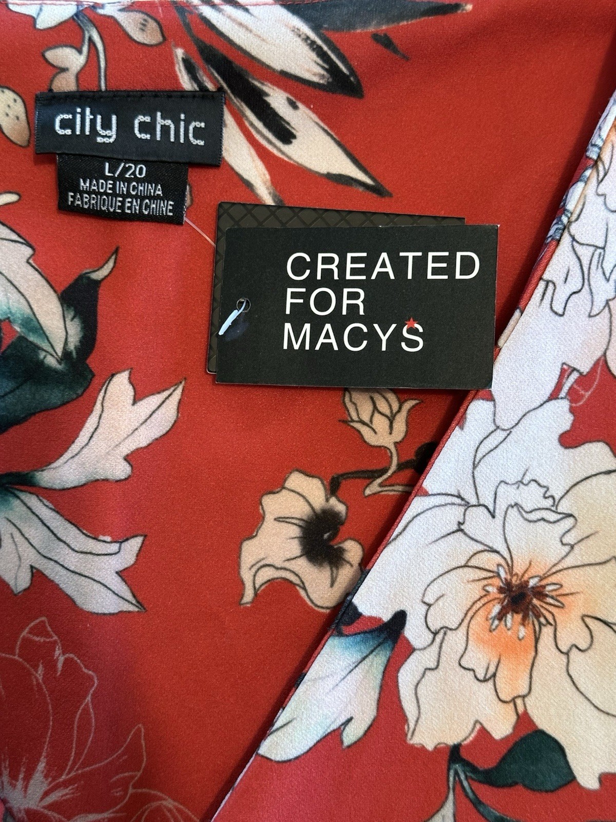 City Chic Floral Blouse Womens 20 Red W/ Flowers Flutter Sleeves V-Neck NWT