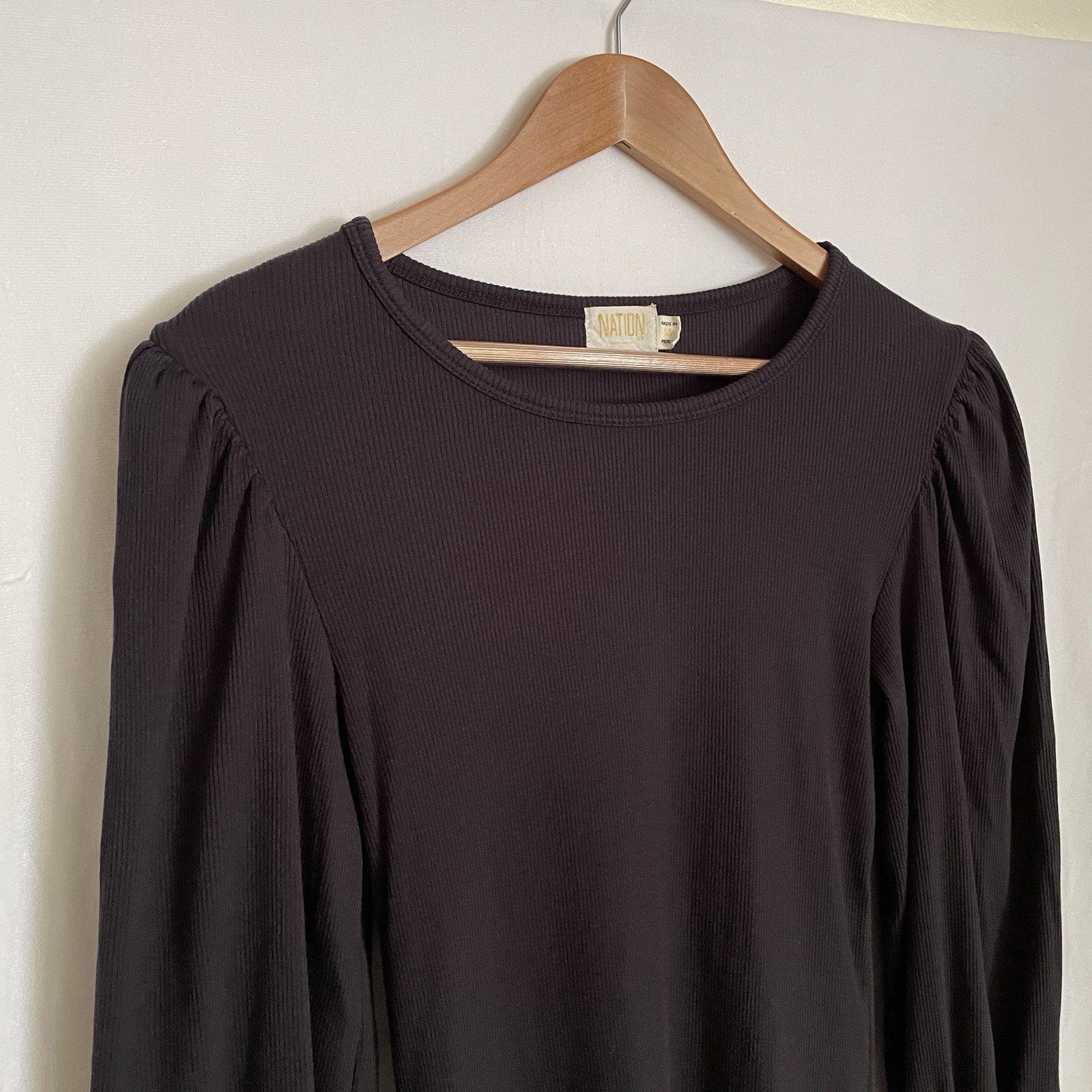 Nation LTD Ribbed Scoop Neck Puff Sleeve Top Organic Pima Cotton Peru Black M