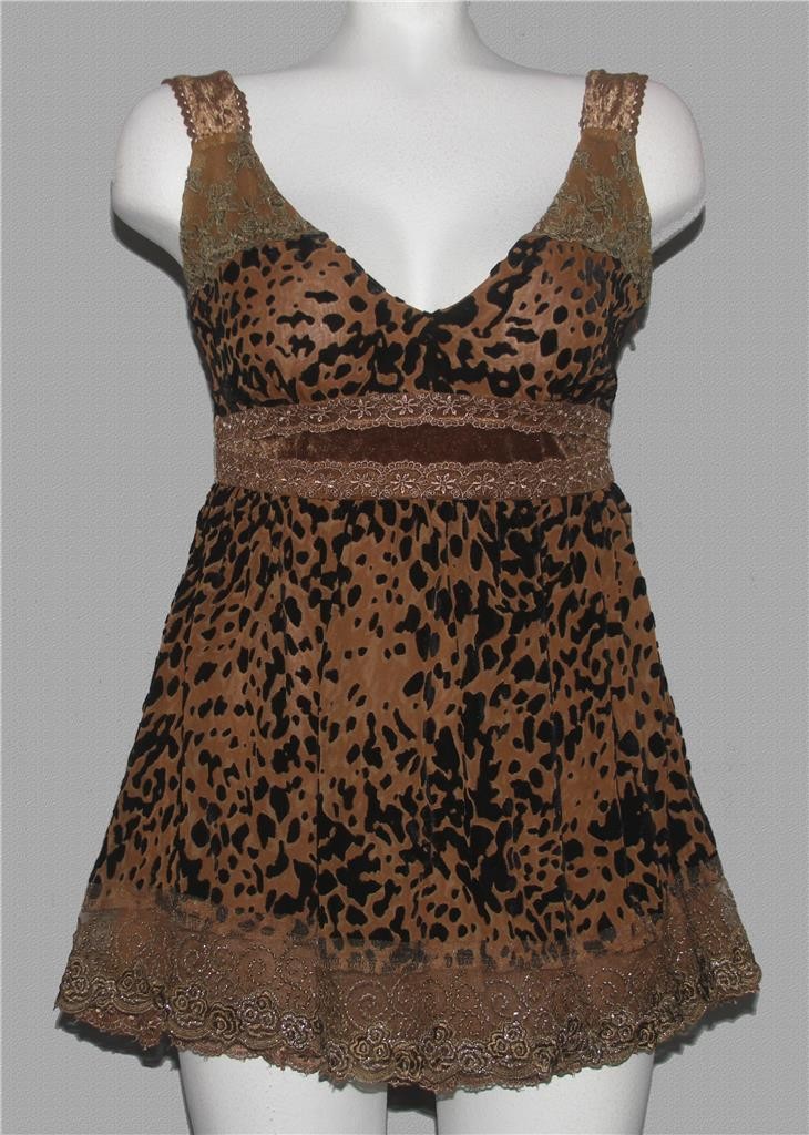 HAZEL Flocked Leopard Velvet Embroidered Floral Lace Layered Silk Cami Wms S NWT