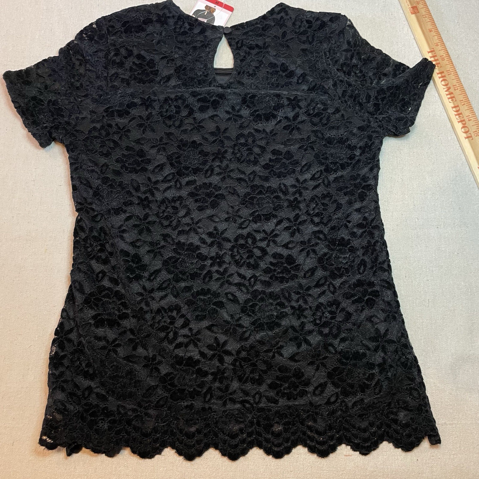 Teddi Rose Women Black Lace Velvet Burnout Top Shirt Short Sleeve Size Medium