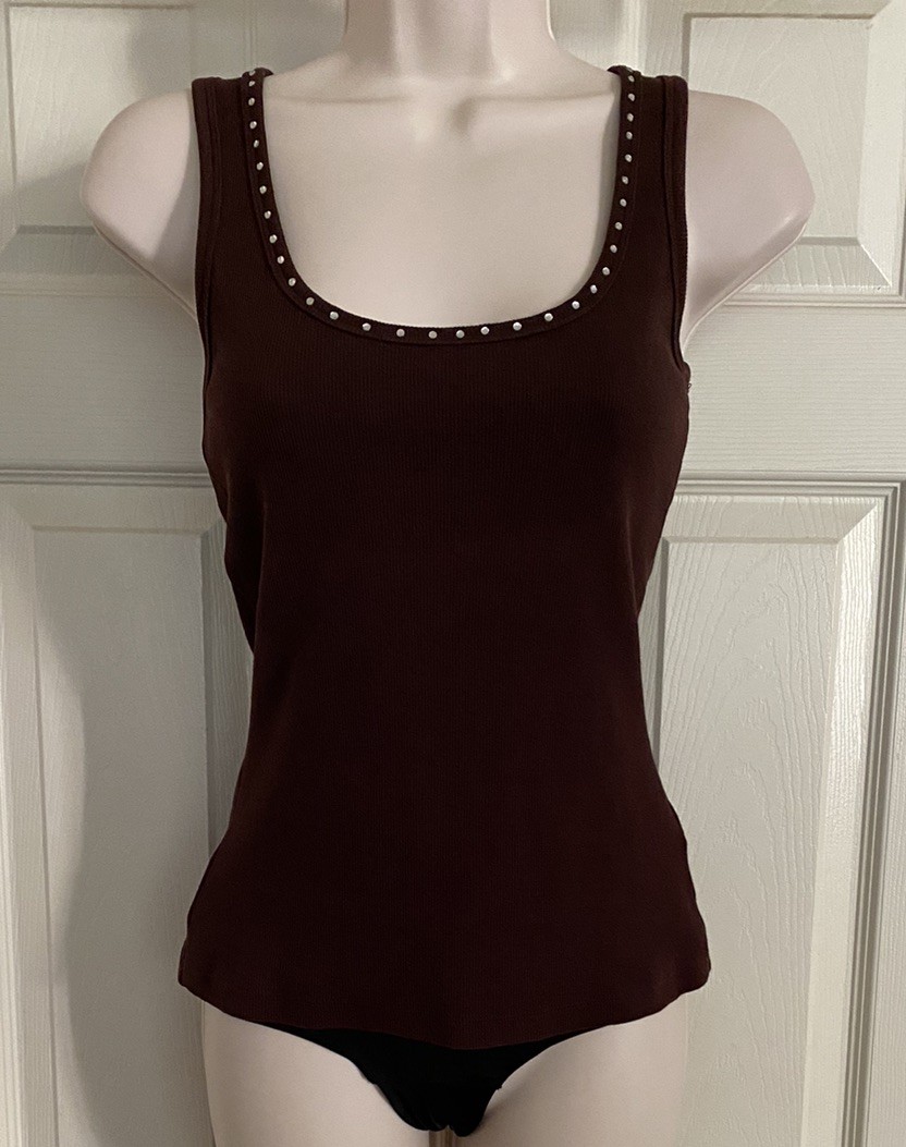 Y2K Fashion Bug Perfect Fit ~ Brown Grunge Glam Rhinestone Scoop Neck Tank Top S