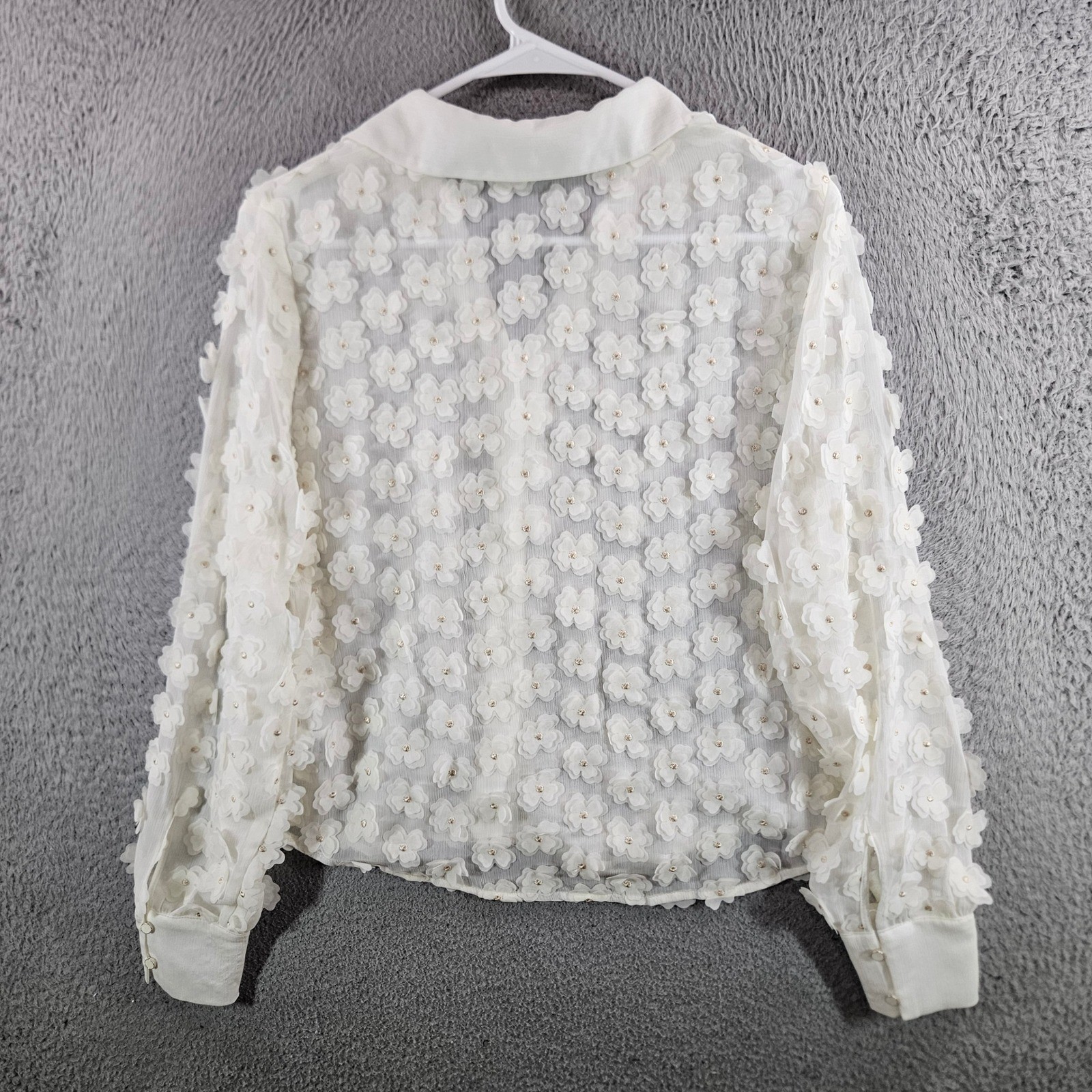 Adrianna Papell Womens White 3D Floral Applique Button Down Blouse Size S