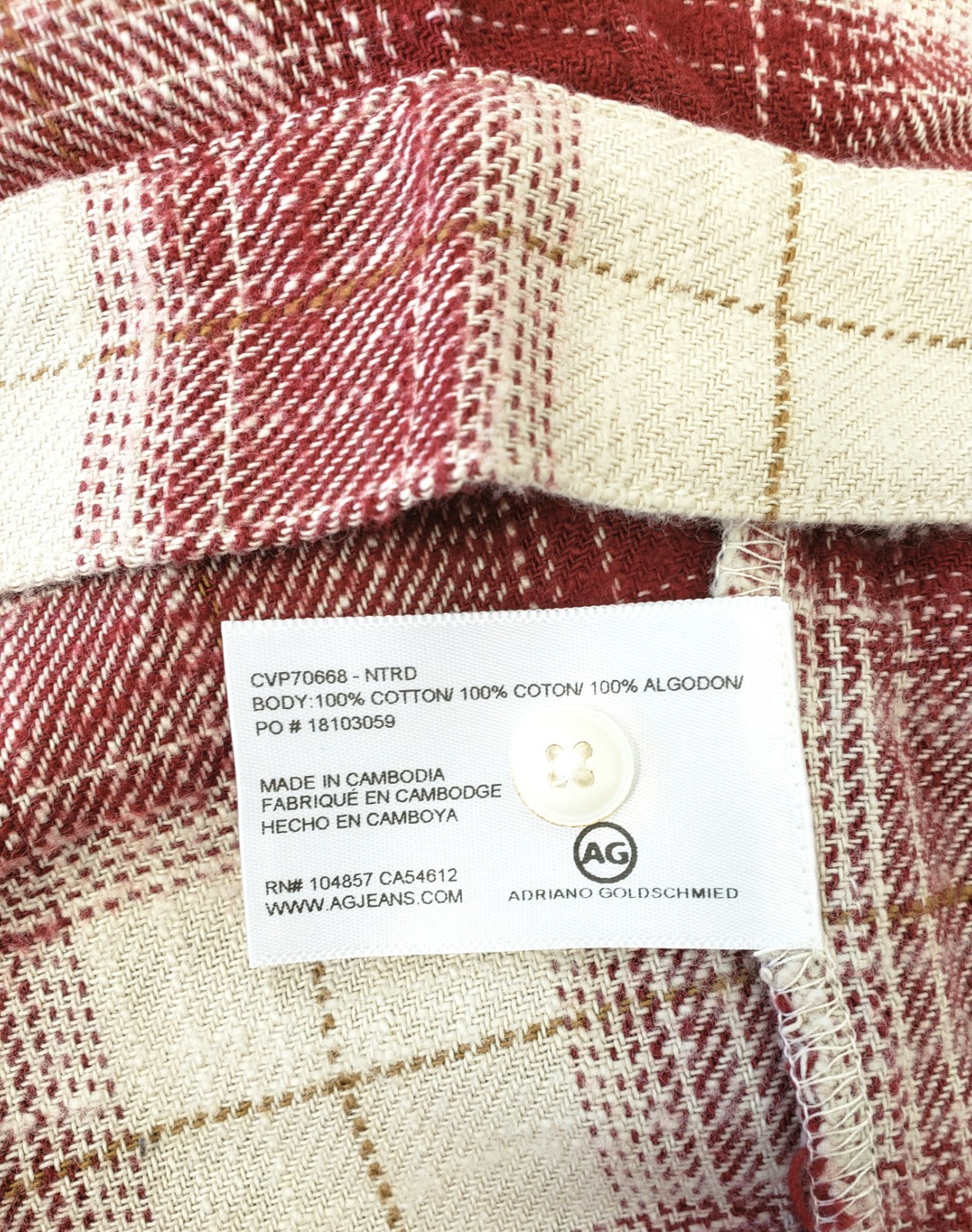 AG Adriano Goldschmied Smith Women’s Plaid Flannel Shirt Jacket Red Cream Size L