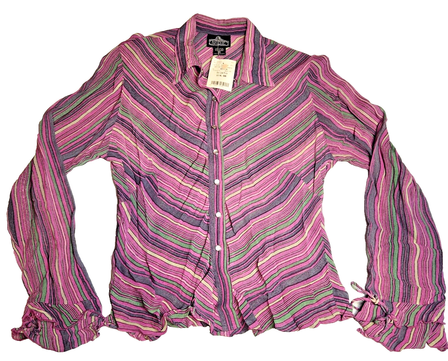 Angie Womens Blouse Sz M Striped Button-up Pink Purple Green Tie Sleeve Boho NWT
