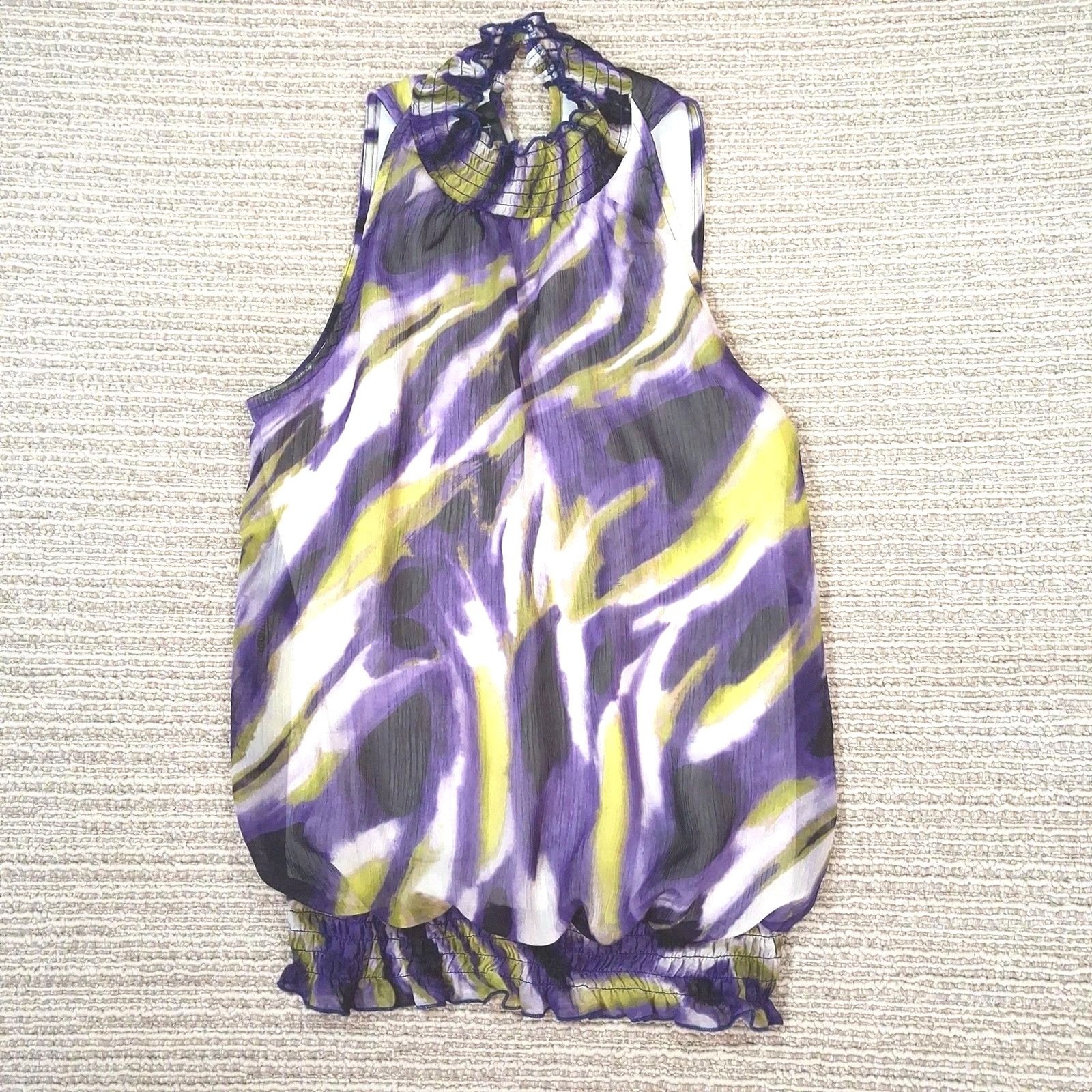 b wear byer california purple green abstract high neck smocked blouse medium y2k
