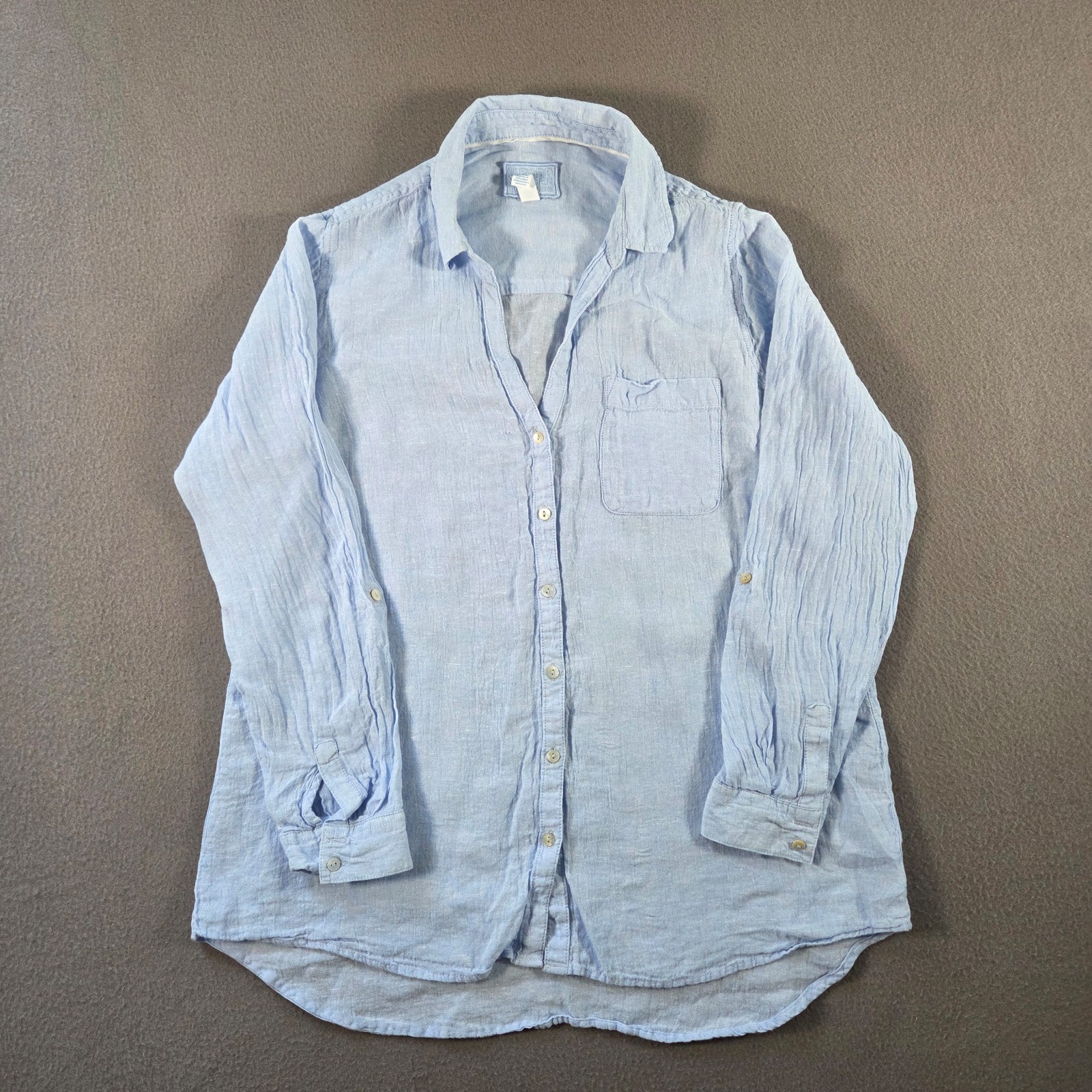 Sigrid Olsen Linen Blouse Womens Large Blue Linen Tunic Shirt Long Sleeve V Neck