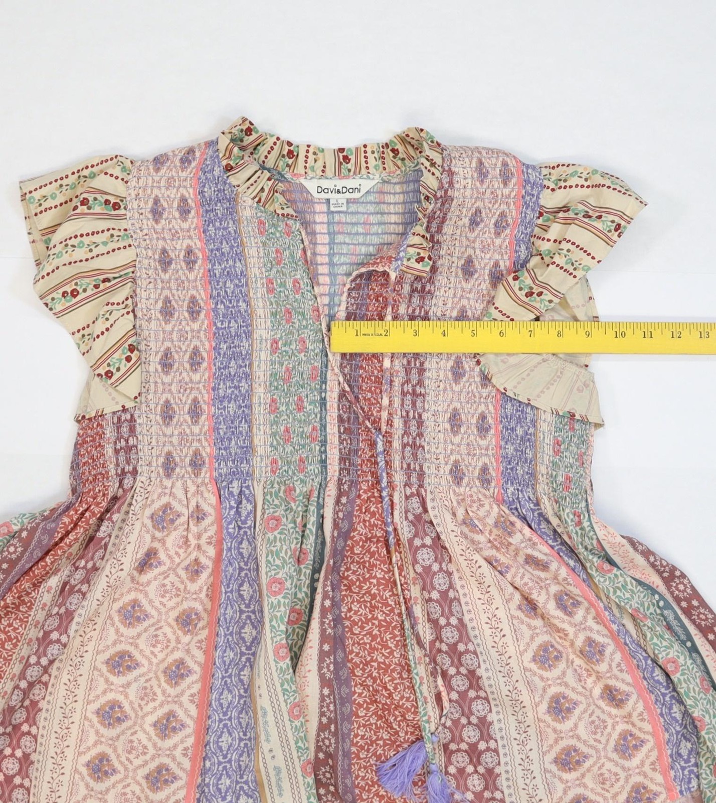 Davi & Dani Shirt Womens Large Multicolor Boho Flutter Sleeve Tassel DT30936