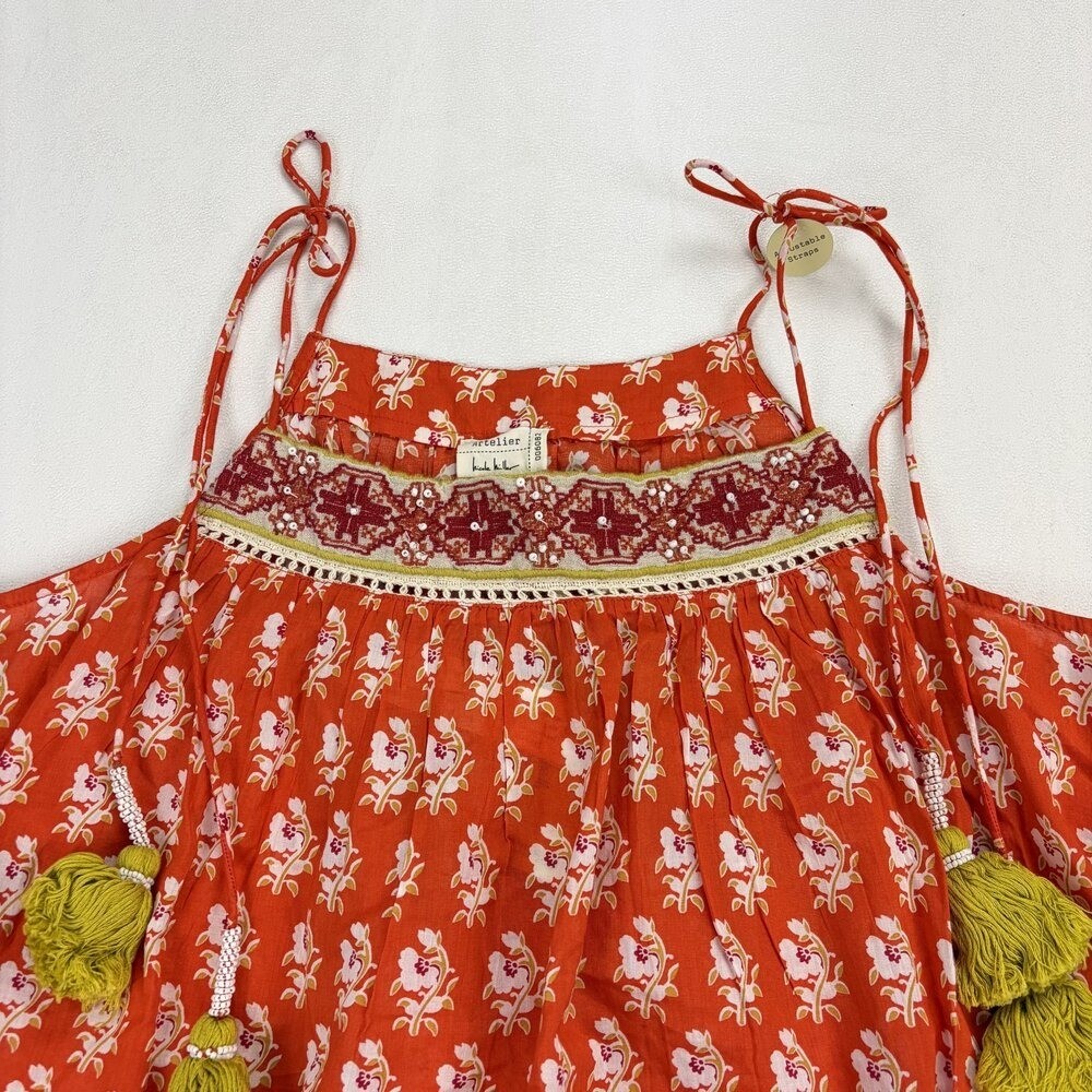 Nicole Miller Red Floral Tassel Smocked Tank Top M