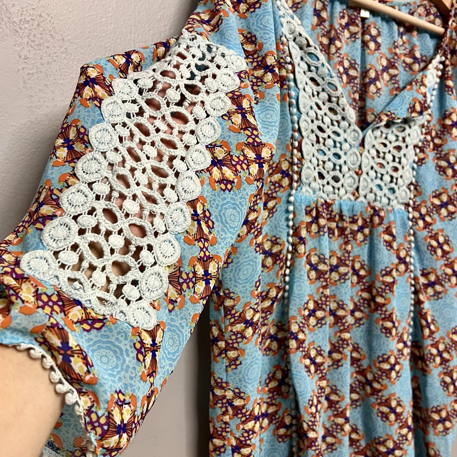 Jade Melody Tam Women’s Bohemian Style Blouse W/ Crochet Accents Size Medium