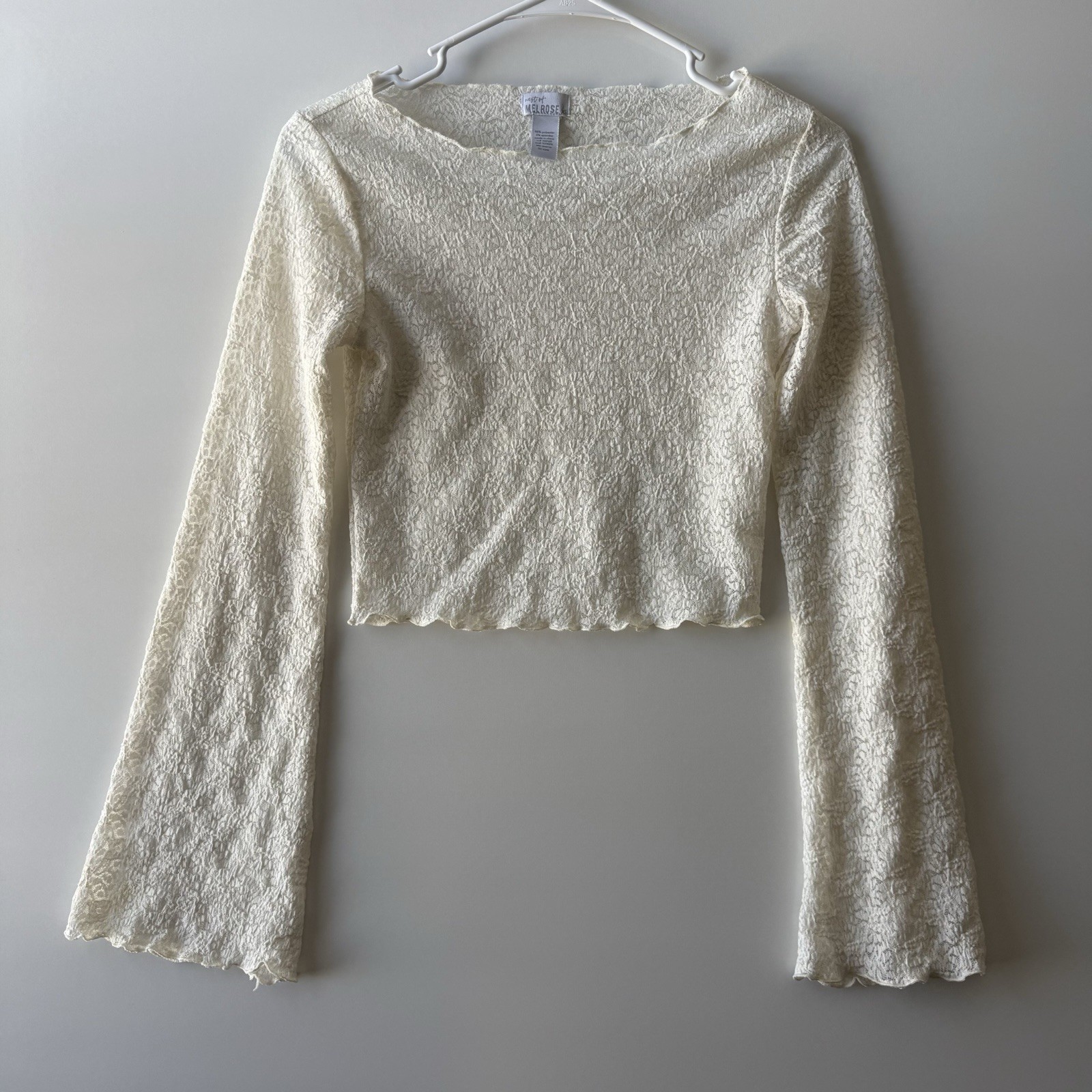 West Of Melrose Shirt Womens XS White Lace Cropped Bell Sleeve Sheer Crop Top