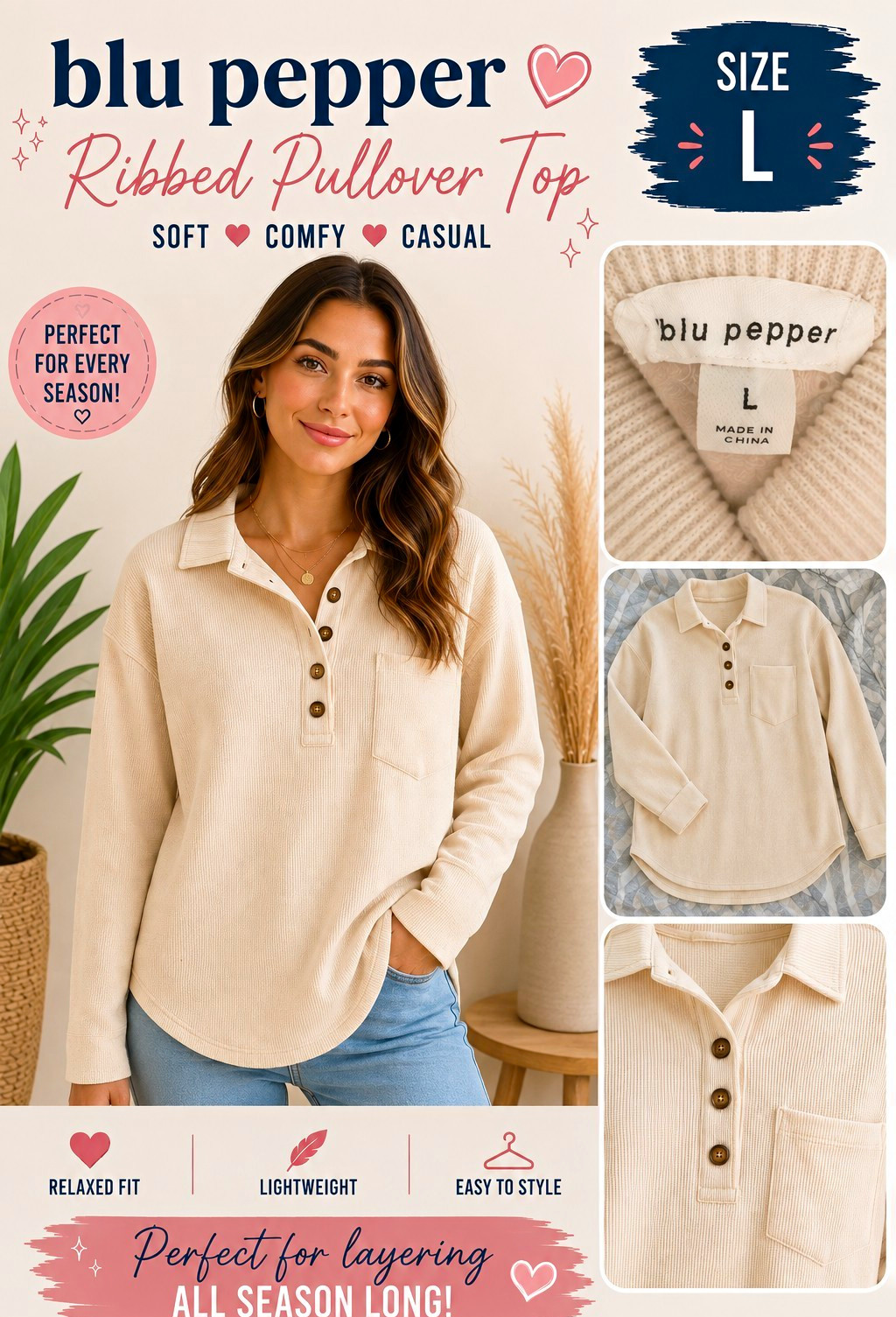 blu pepper Women’s Beige Ribbed Knit Collared Button Placket Pullover Top L