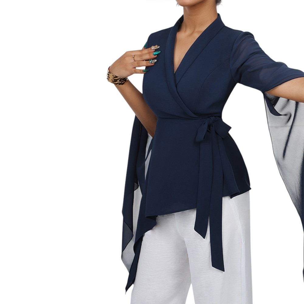 Women Chiffon Wrap V Neck Business Casual Shirt Office Asymmetrical Blouse Tops