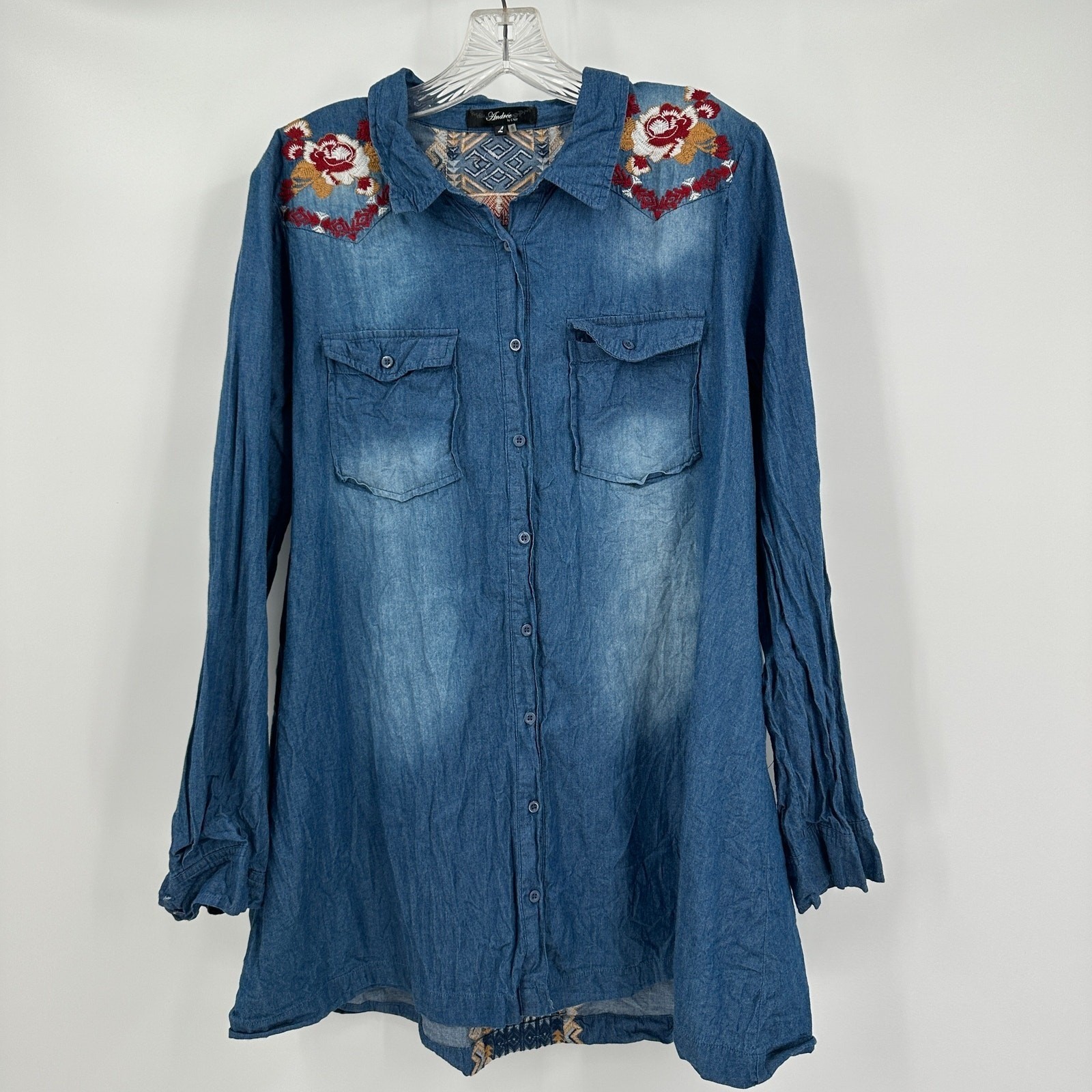 Andree by Unit Women Boho Southwestern Tunic Top Sz L Embroidered Floral Cowgirl