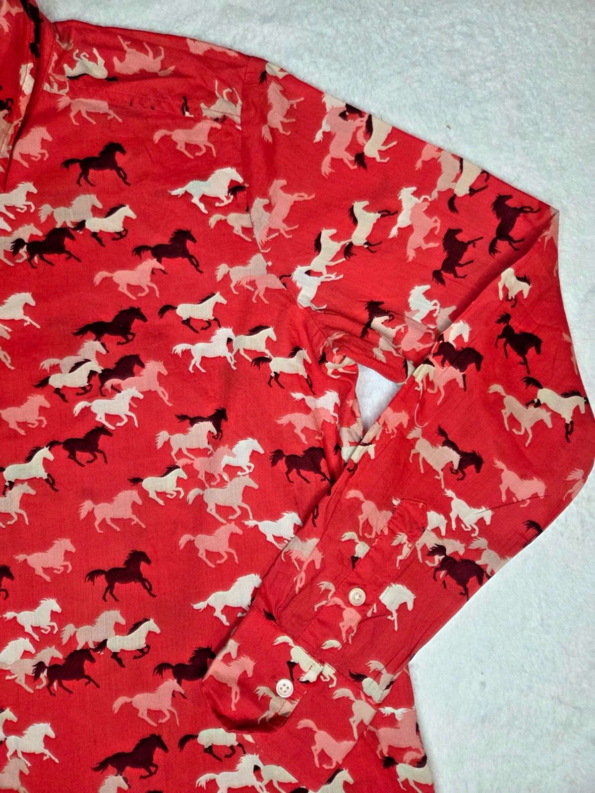 LOFT Shirt Womens Small Red Cotton Long Sleeve Horse Print Button Up Equestrian