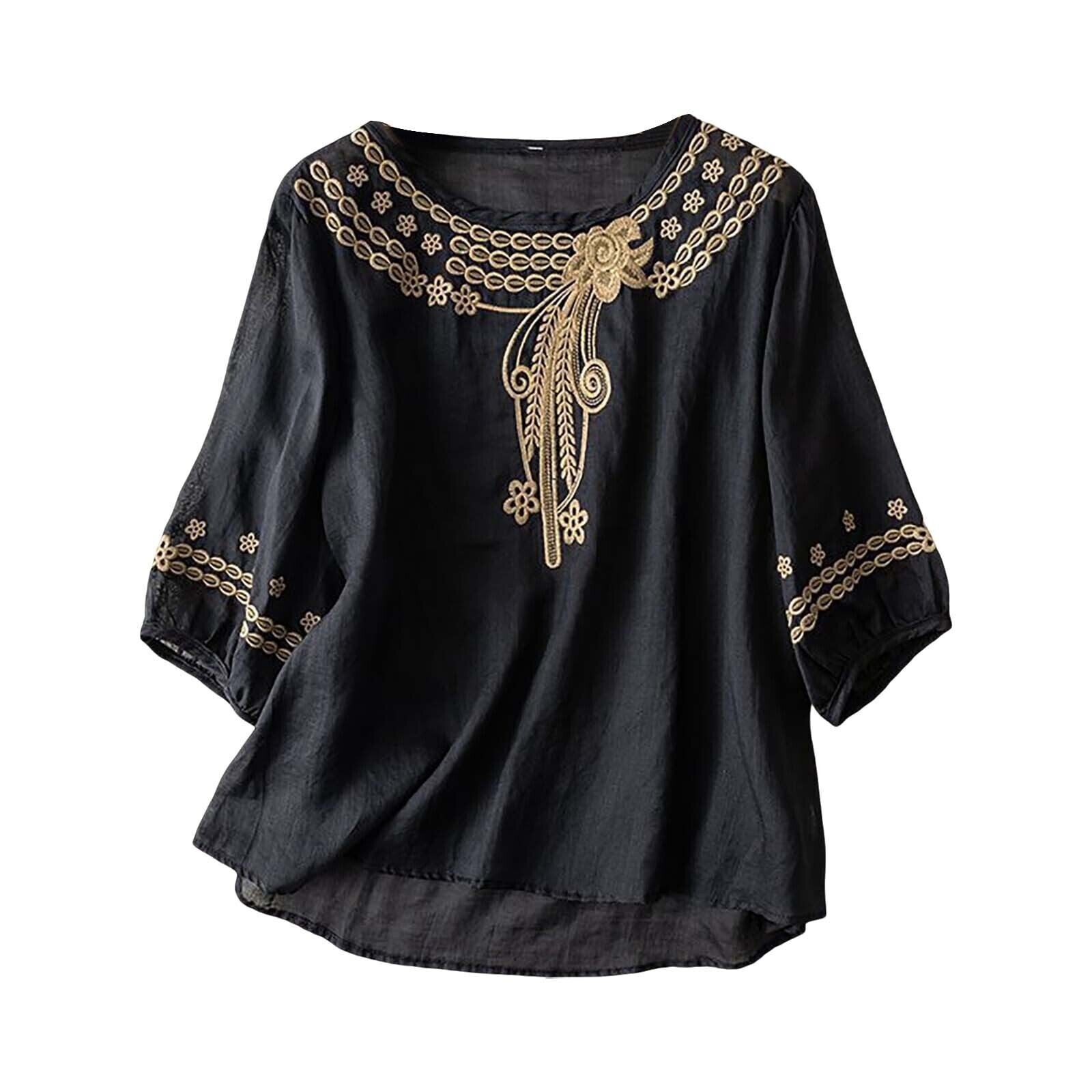 Women’s Cotton Linen Tunic Top Shirt Summer Casual Baggy Plain Blouse Plus Size