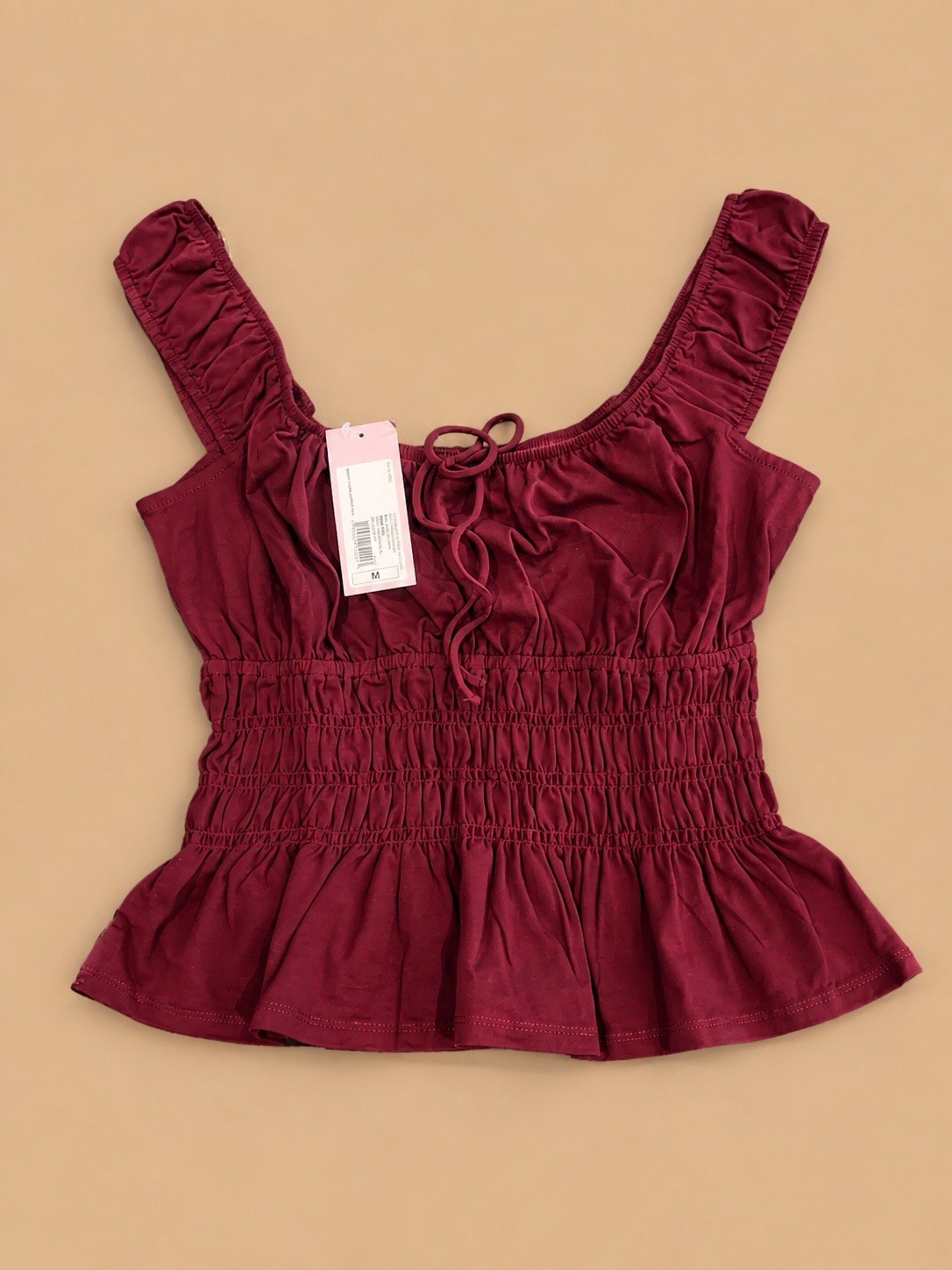 Women’s Medium Maroon Smocked Peplum Tank Top Tie Front Ruffle Strap NWT