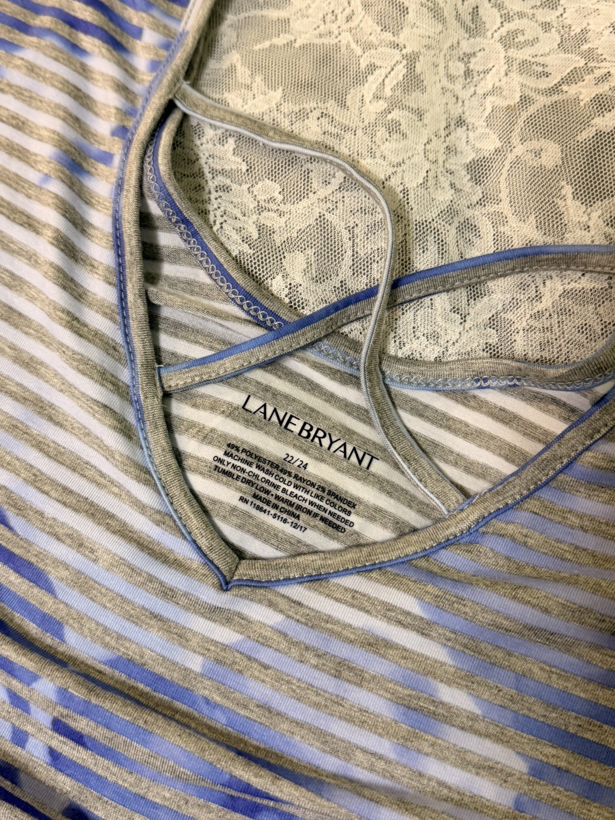 NWT LANE BRYANT Size 22/24 (2X) WOMEN’S Purple/Blue/Gray Stripe Top Criss Cross