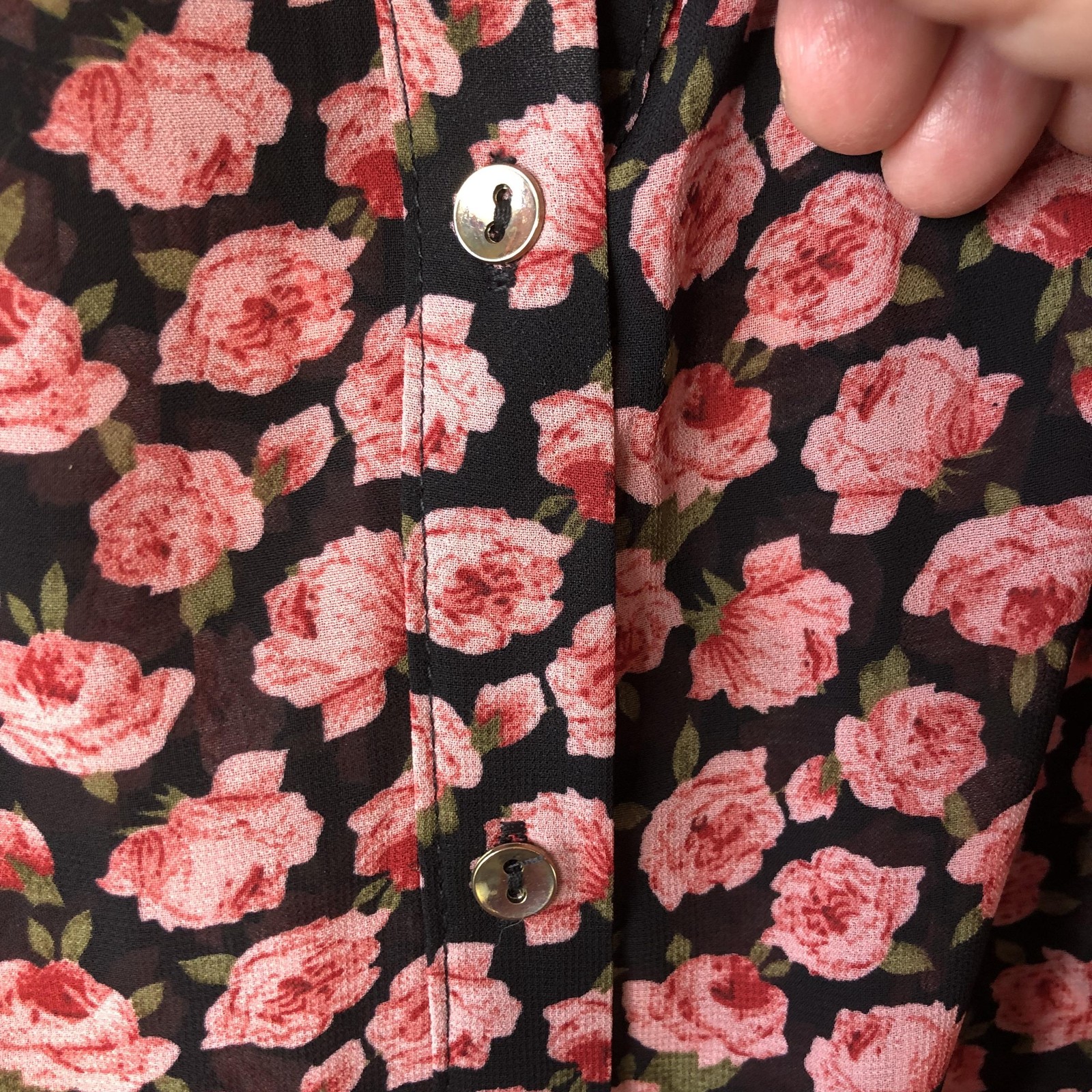 Feminine top Womens S Black Rose Dark Floral Button Front Sheer Ruffle Cottage