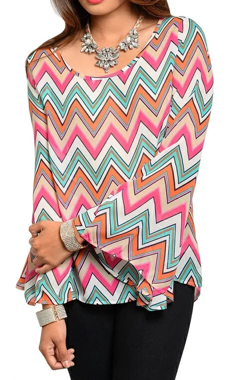 Multi Chevron Fluttery Chiffon Long Bell Flare Sleeve Blouse Top