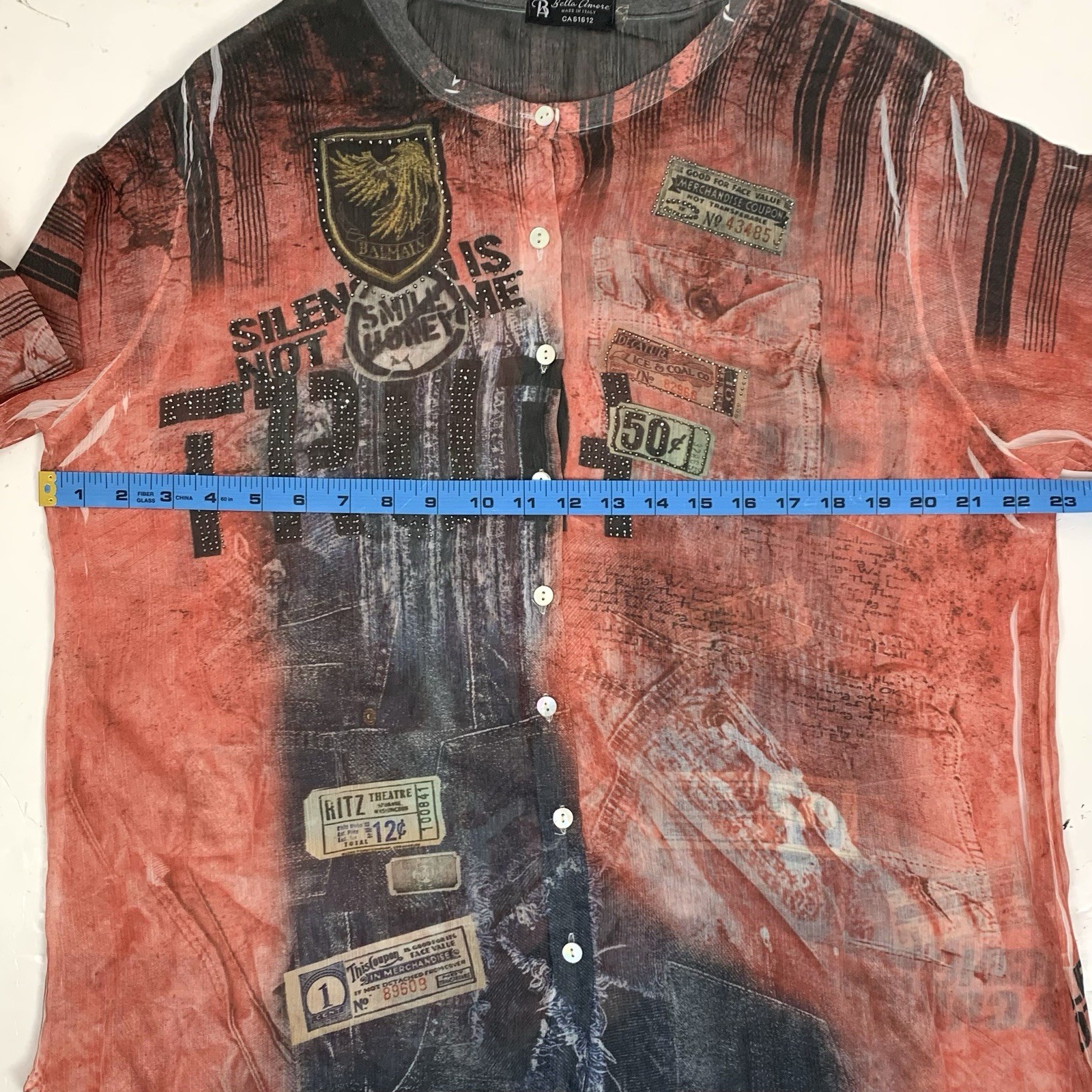 Made In Italy Women L Button Up Tunic Sheer Rhinestone Street Art Collarless