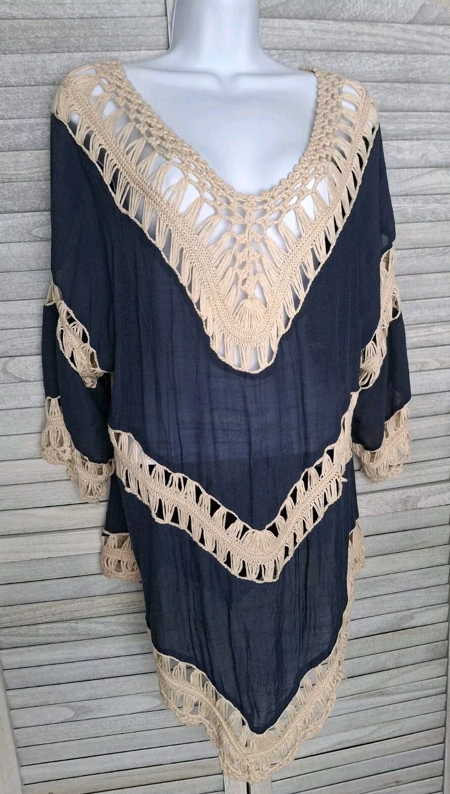 Womens Boho Hippie Tunic Top Size Large Blue with Crochet Bathing Suit Cover Up