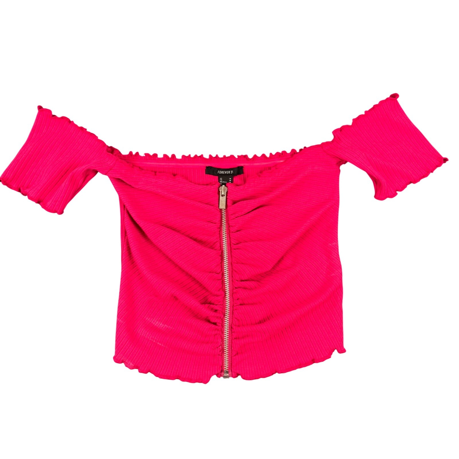 Forever 21 Knit Top Womens Medium Hot Pink Off Shoulder Zipper Front Ruched NEW