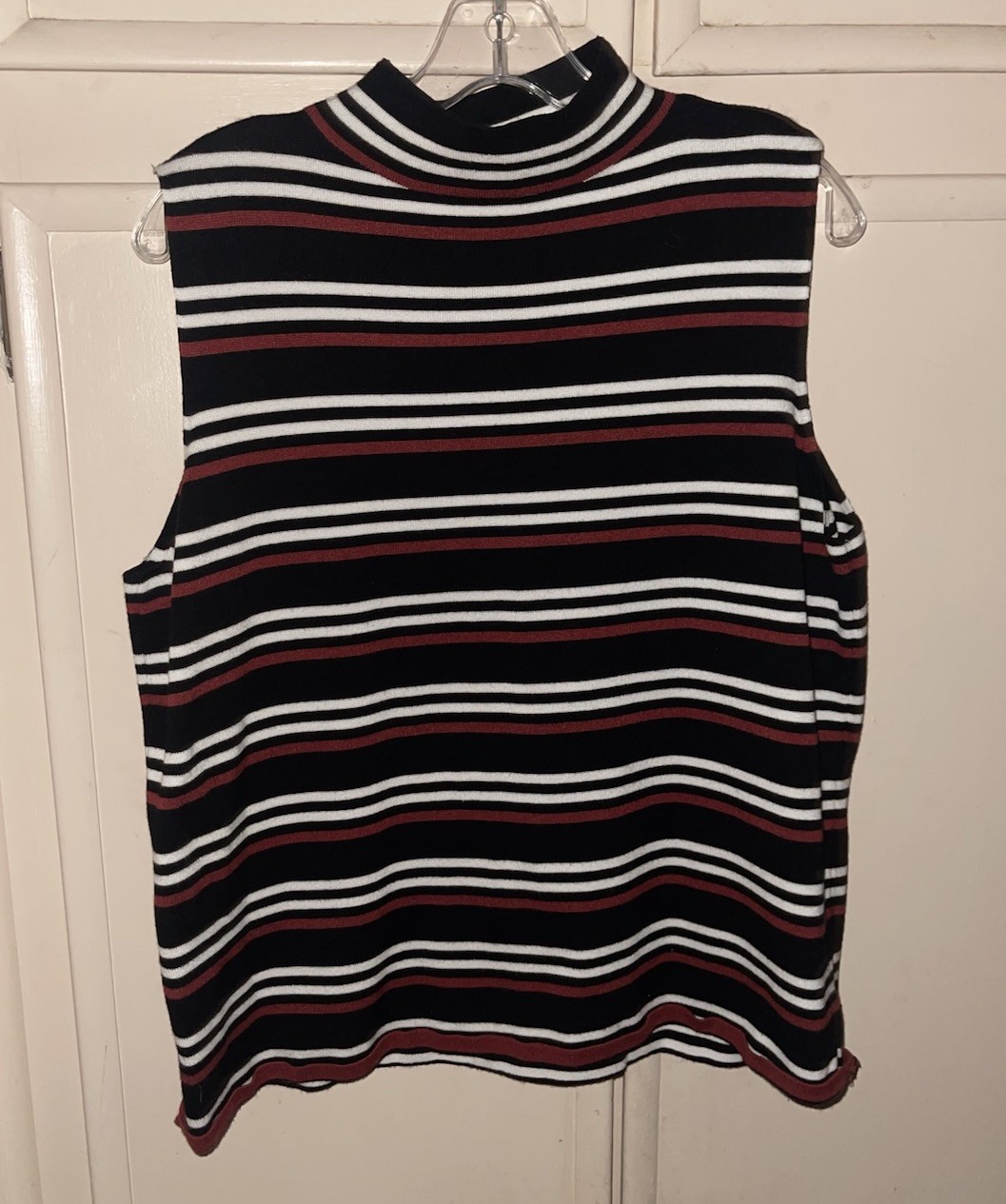 Nine West Shirt Striped Black Red White Top Sleeveless Turtleneck Size XL
