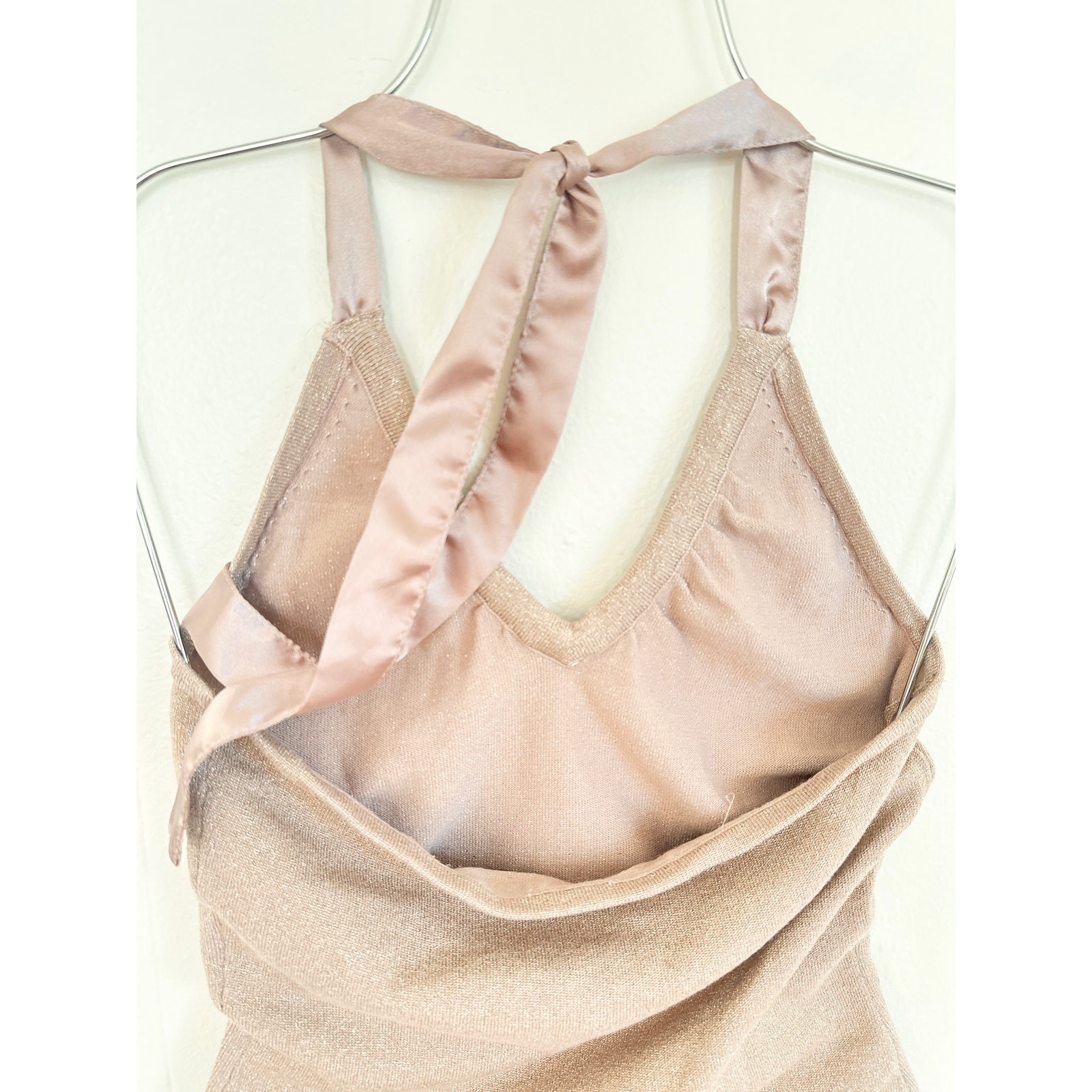 Vtg Y2K Bebe Champagne Gold Metallic Knit Halter Top Holiday Glam Sweater S / M