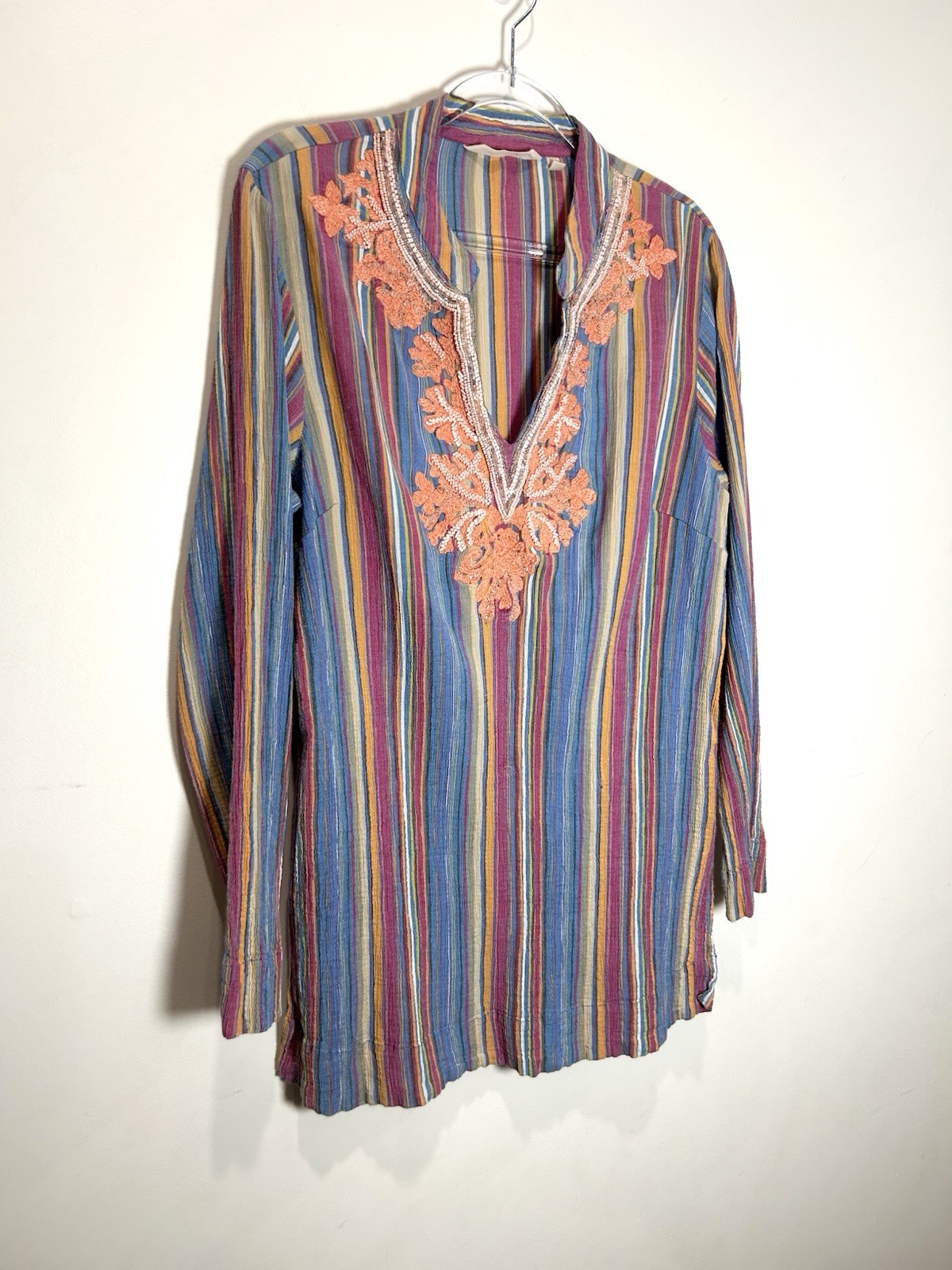 Soft Surroundings Tunic Top Embroidered Beaded Gauzy 100% Cotton Striped Gypsy L