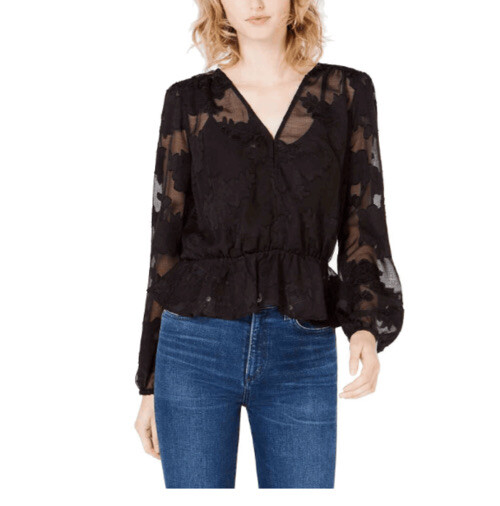 Women’s Burnout Peplum Top, Black Floral Sheer, Bar III, Size XS