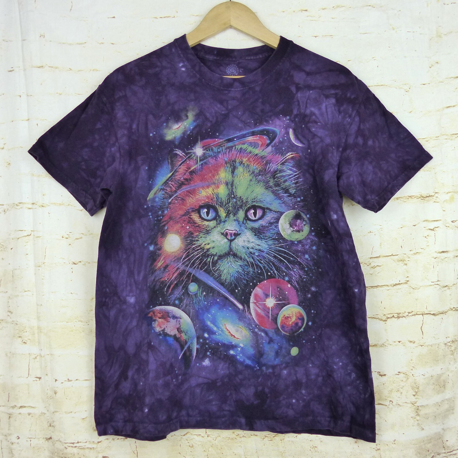 The Mountain T-Shirt Womens L Purple Tie Dye Cosmic Cat Galaxy Classic Cotton