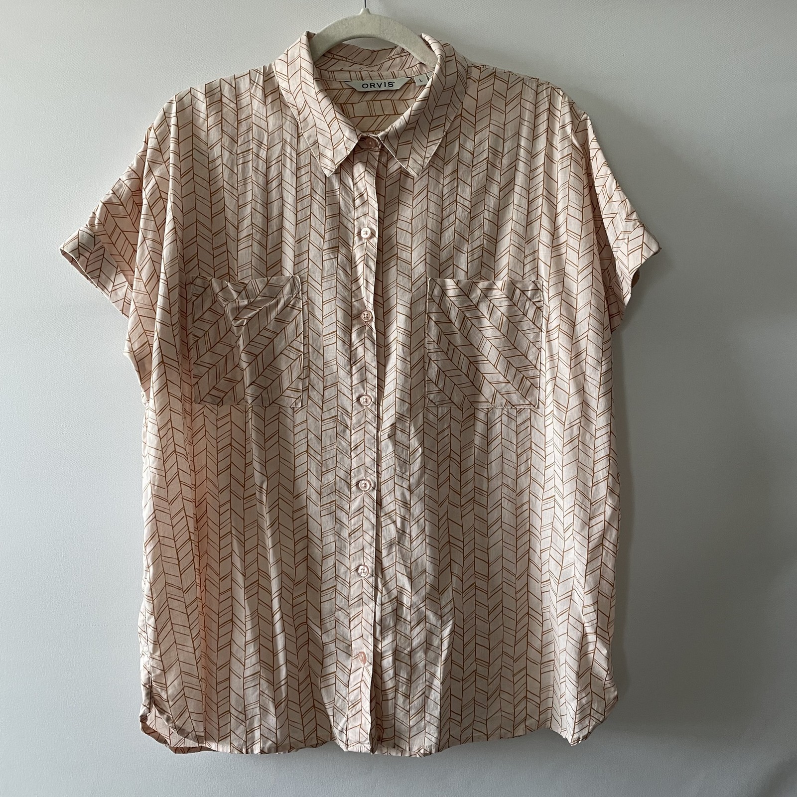 Orvis Women’s Button Front Collared Short Sleeve Shirt Peach Pink Cotton Sz L-C