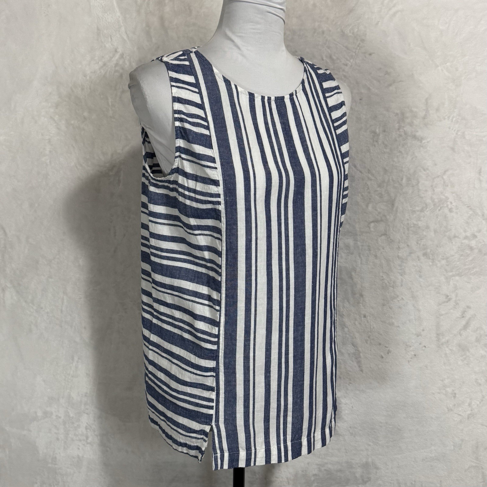 Andrea Jovine Striped Linen Top Size S Boxy Loose Sleeveless White Blue Coastal