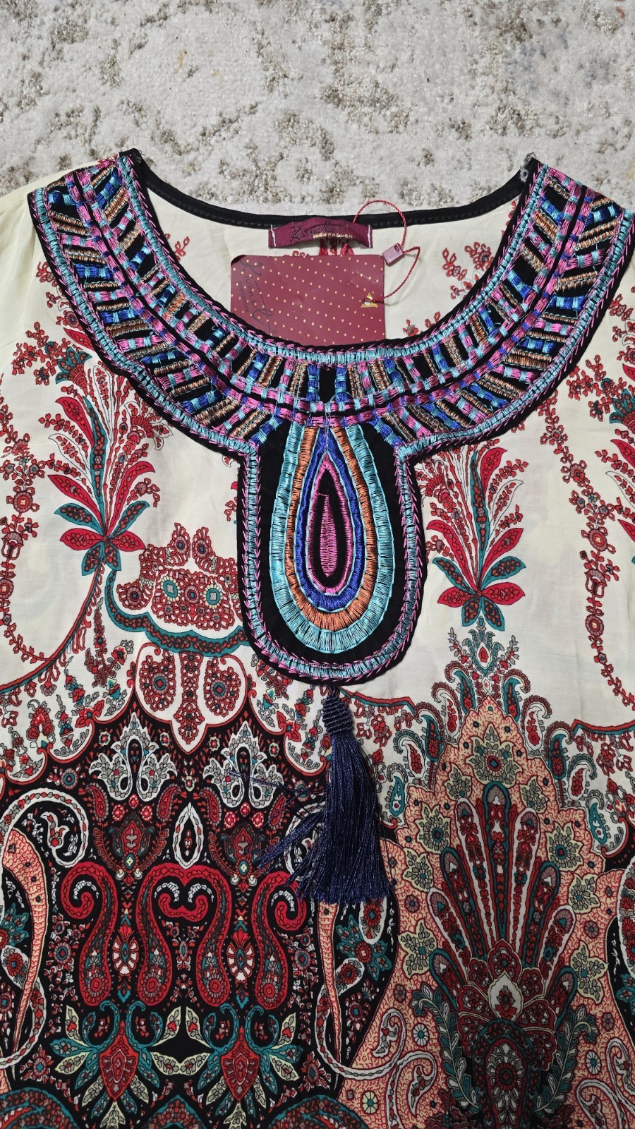 Kivenst Paisley Multicolor Red Cream Print Top Colorful Bohemian Blouse Size L