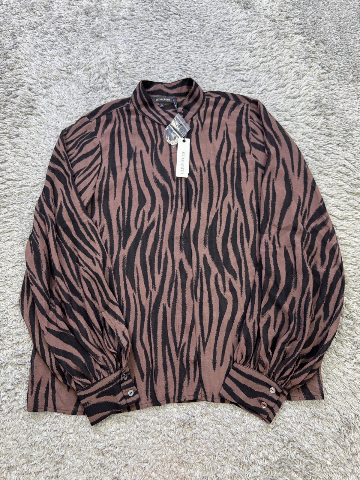 Olivaceous Top Women Large Brown Zebra Animal Print Button Up Blouse Shirt NWT