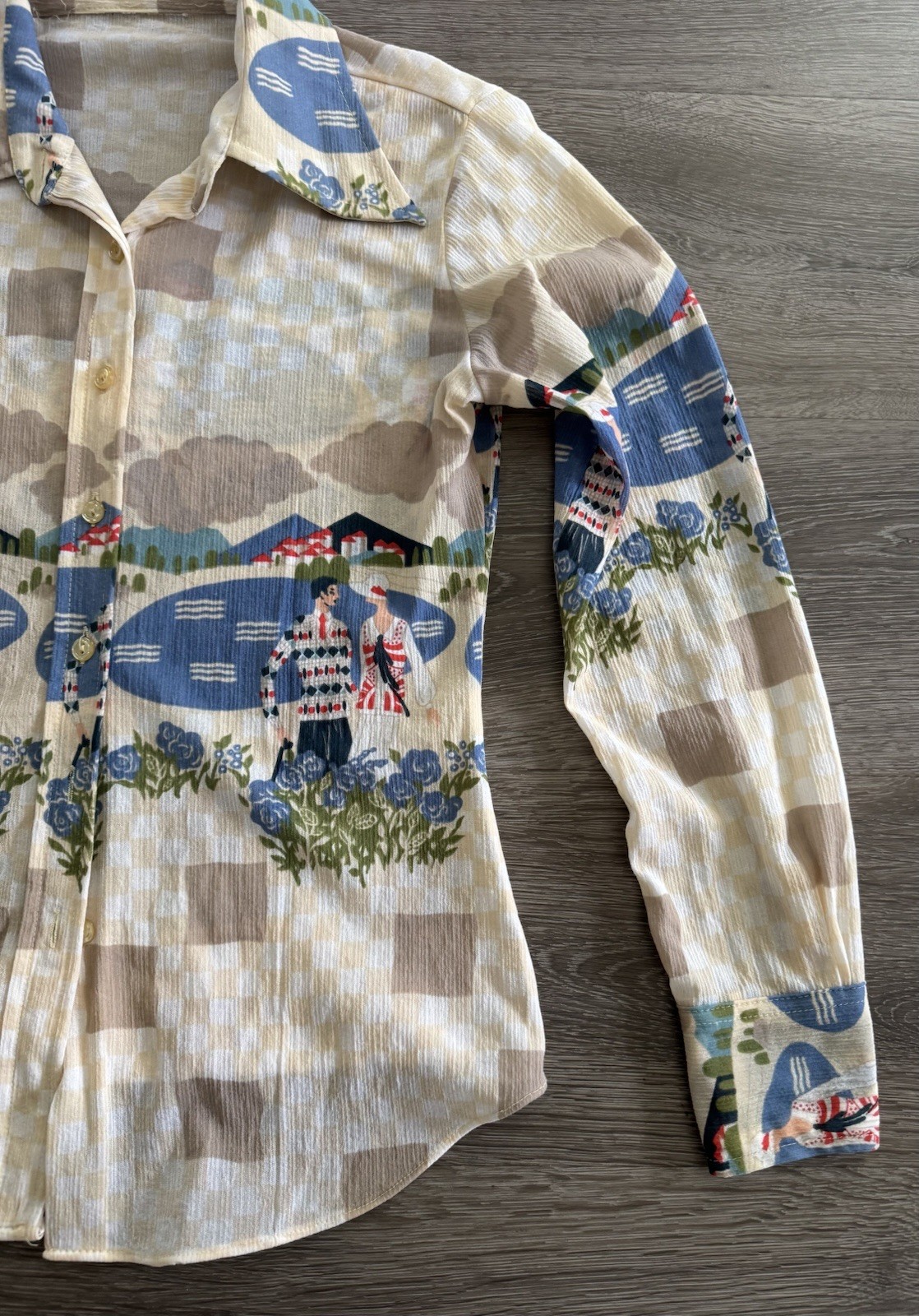 Vtg Novelty Print ART DECO Flapper CLOUDS Beach Abstract PSYCHEDELIC Top S/M 🔥