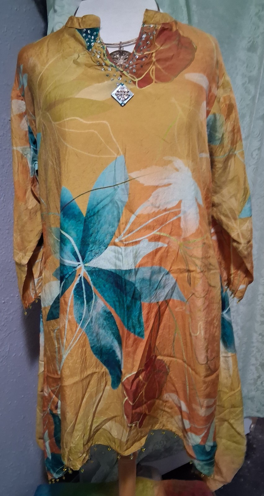 AARI Dupatta Top-Vibrant Floral in Golden Mustard & Teal