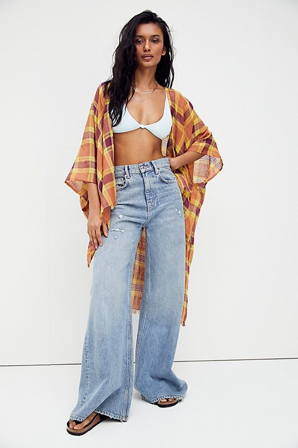 NEW FREE PEOPLE BLOSSOM PLAID LINEN KIMONO FRAY HEM DUSTER XS S M L