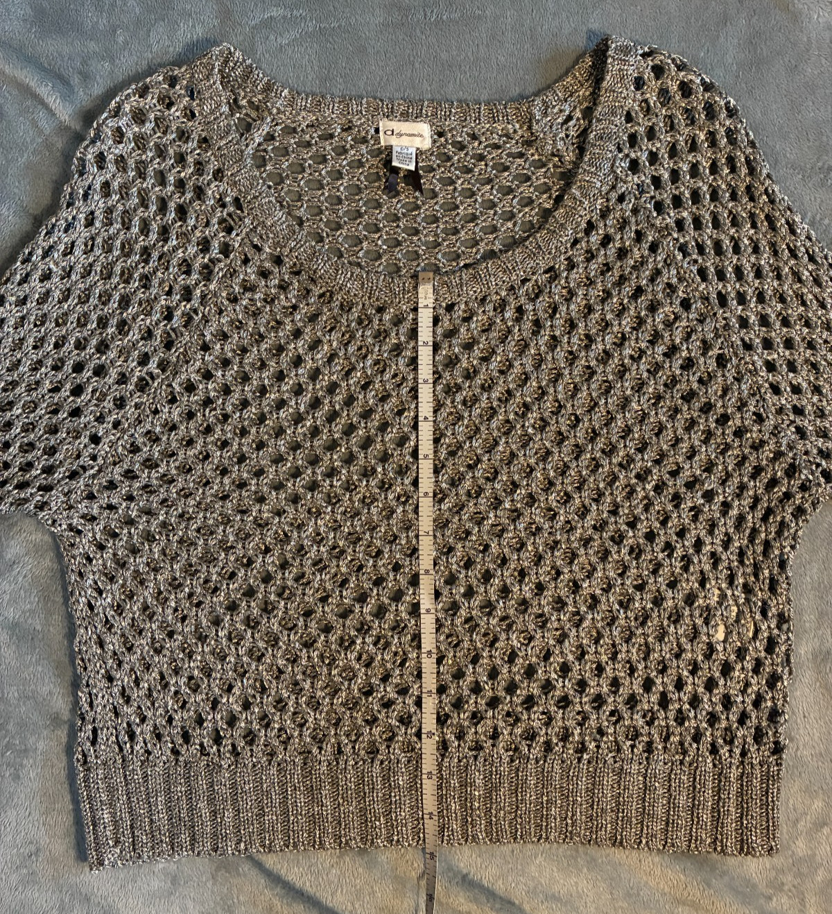 Vtg Seduction 3/4 Sleeve Open Knit Crochet Silver Grey Glitter Y2K Whimsigoth