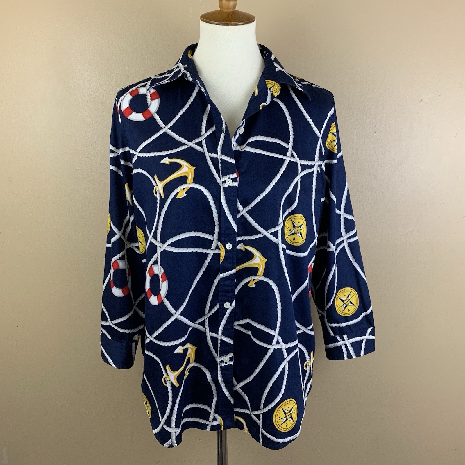 Lauren Ralph Lauren Shirt Womens Large Blue Nautical Anchor 3/4 Sleeve Button Up